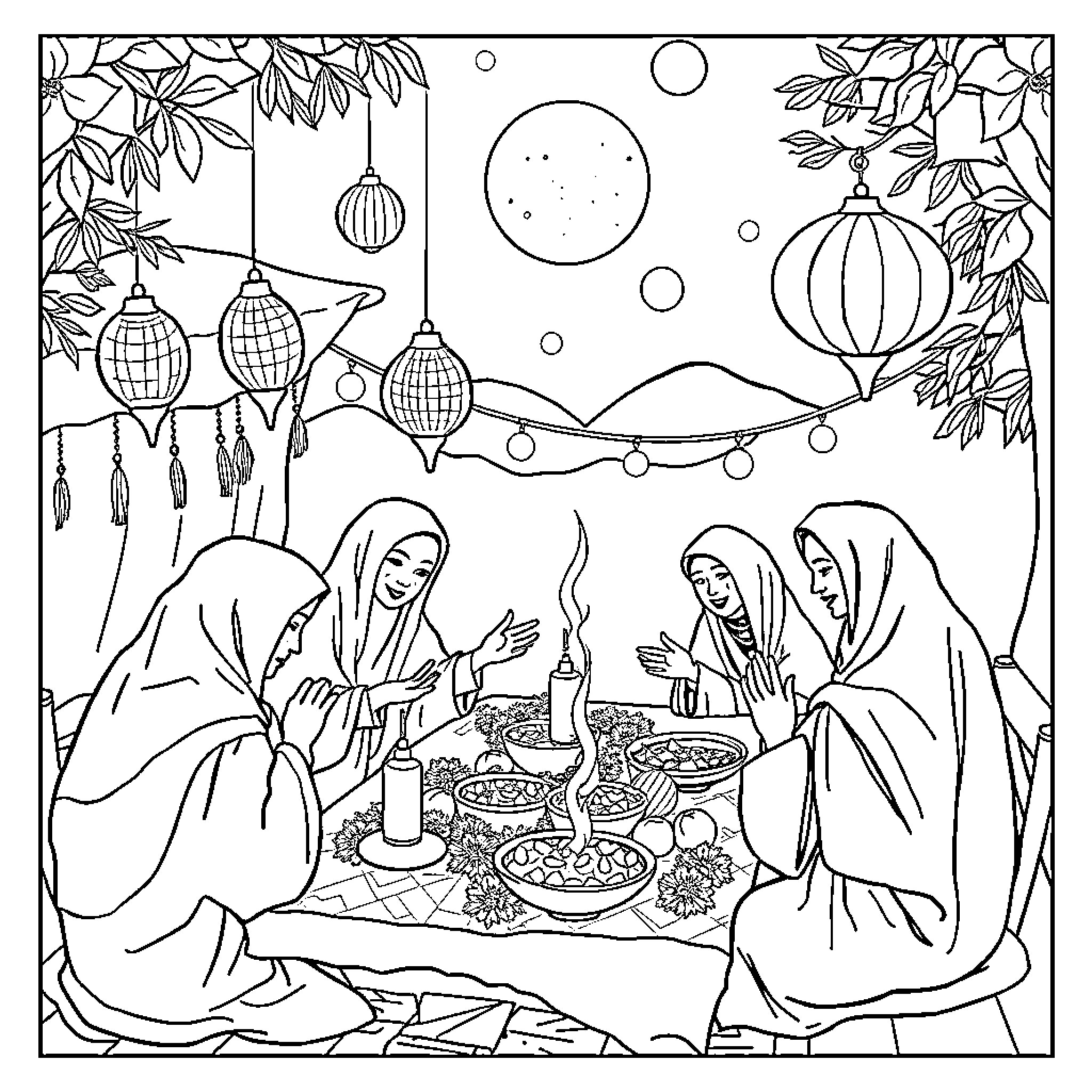 Tung Tung Friends Enjoying Festive Gathering Coloring Page (free black-and-white line drawing printable PDF for all, from beginners to advanced learners, including children, teens, adults, and seniors)
