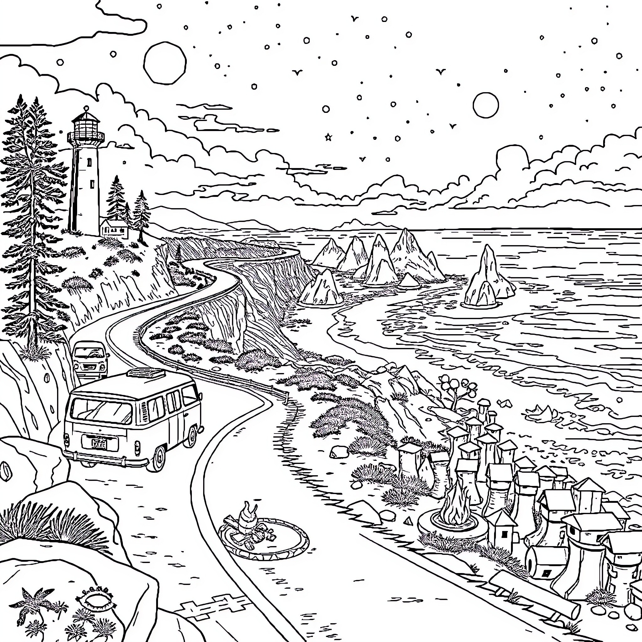 Coast road leading to lighthouse and scenic vista Coloring Page (free black-and-white line drawing printable PDF for all, from beginners to advanced learners, including children, teens, adults, and seniors)