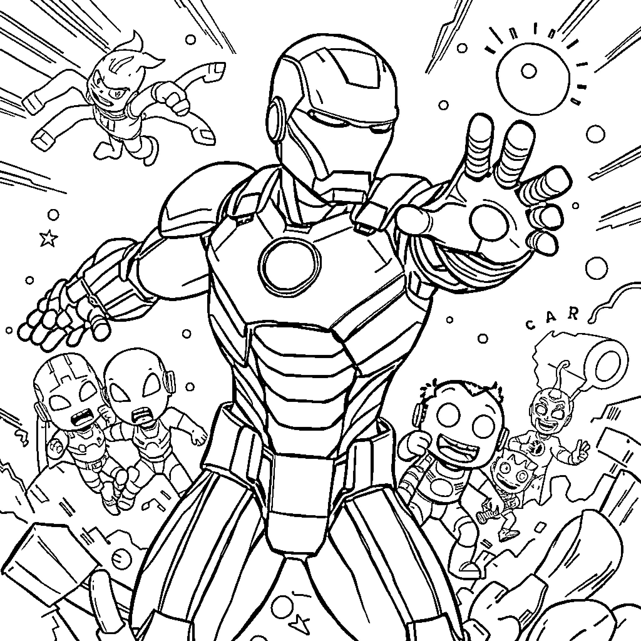 Iron Man in action with diverse characters and elements Coloring Page (free black-and-white line drawing printable PDF for all, from beginners to advanced learners, including children, teens, adults, and seniors)