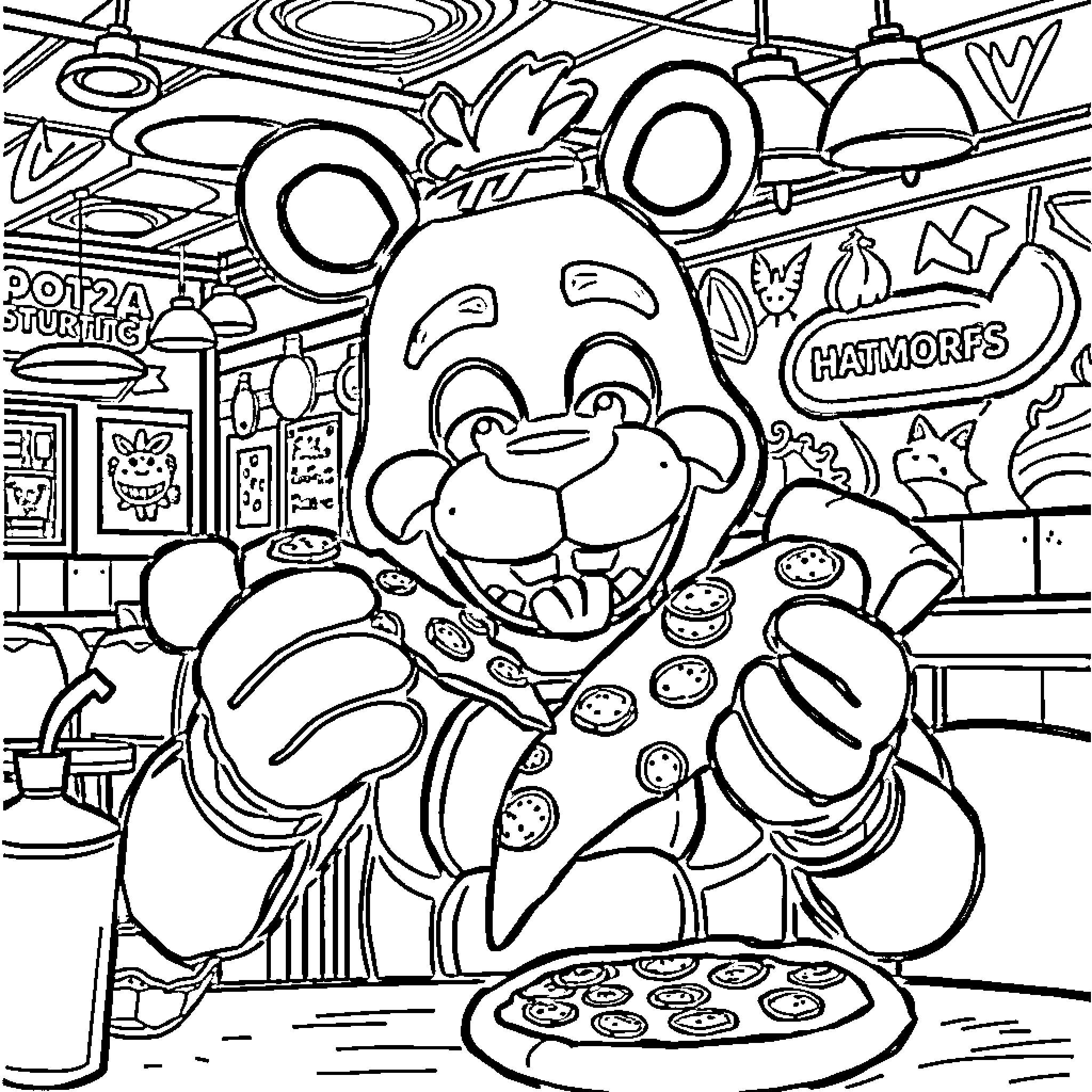 Freddy Fazbear's Pizza Party with Delicious Treats Coloring Page (free black-and-white line drawing printable PDF for all, from beginners to advanced learners, including children, teens, adults, and seniors)