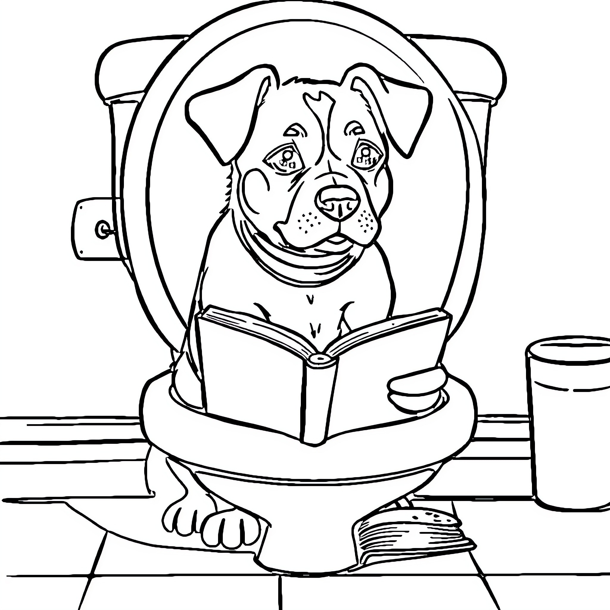 Dog reading a book in an armchair Coloring Page (free black-and-white line drawing printable PDF for all, from beginners to advanced learners, including children, teens, adults, and seniors)