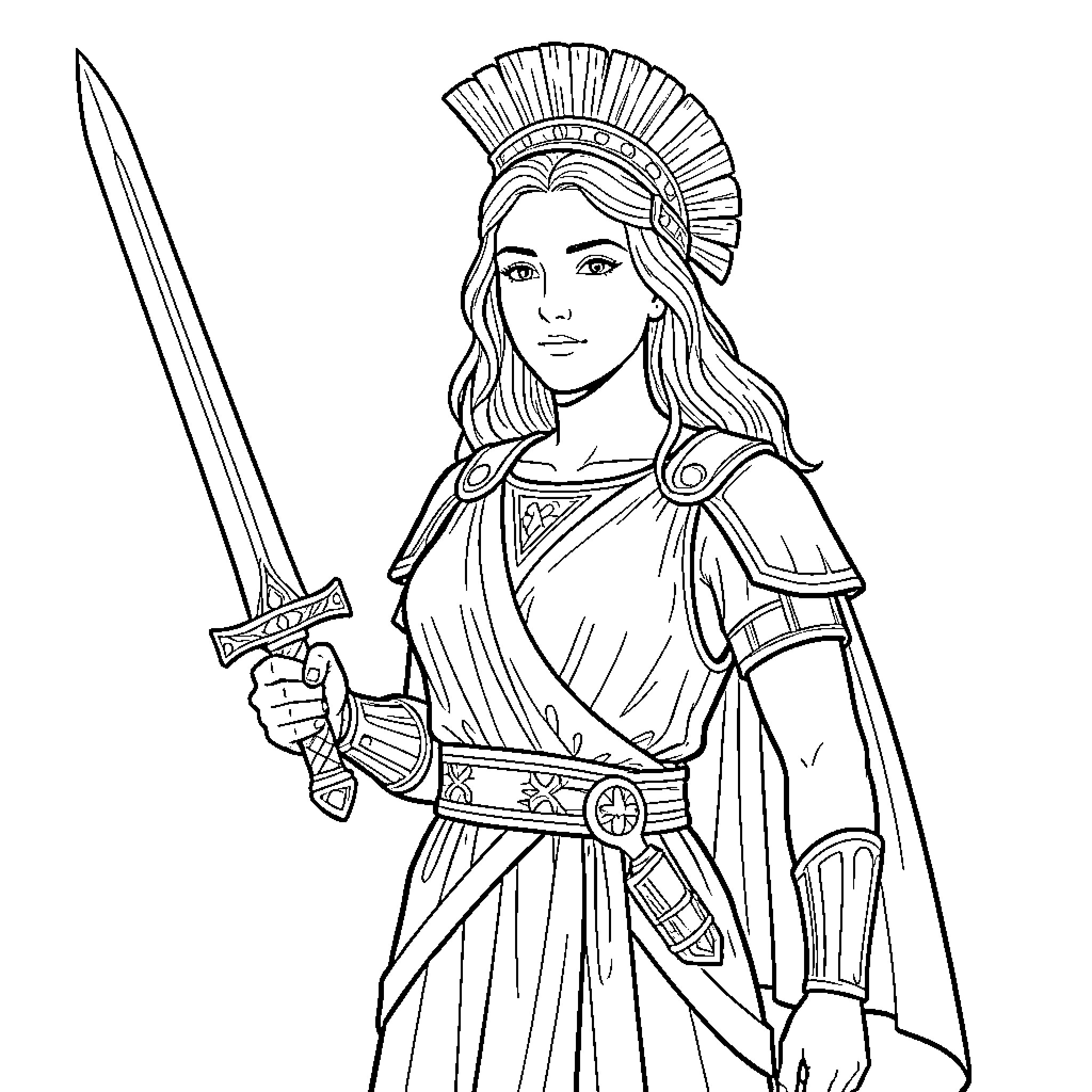Saber Athena standing heroically with a sword Coloring Page (free black-and-white line drawing printable PDF for all, from beginners to advanced learners, including children, teens, adults, and seniors)