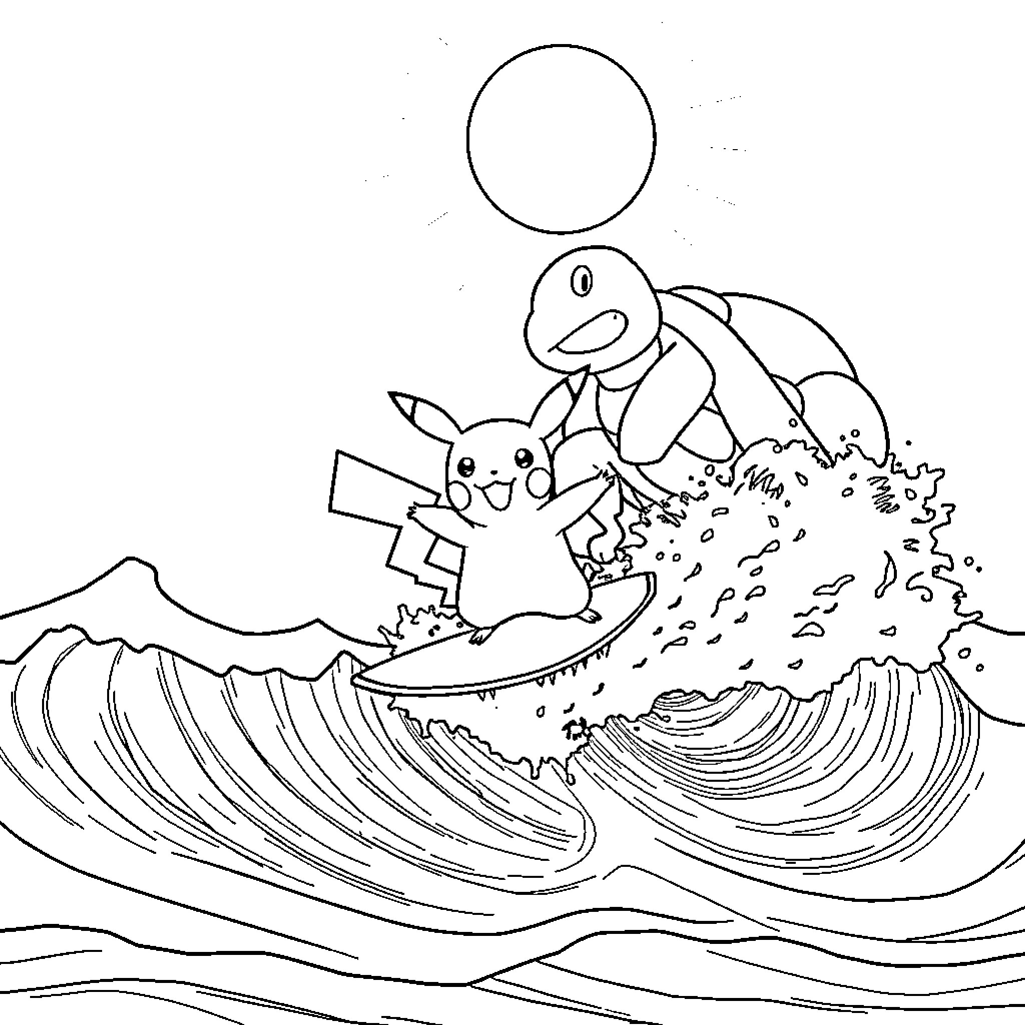 Pikachu riding waves with friend Coloring Page (free black-and-white line drawing printable PDF for all, from beginners to advanced learners, including children, teens, adults, and seniors)