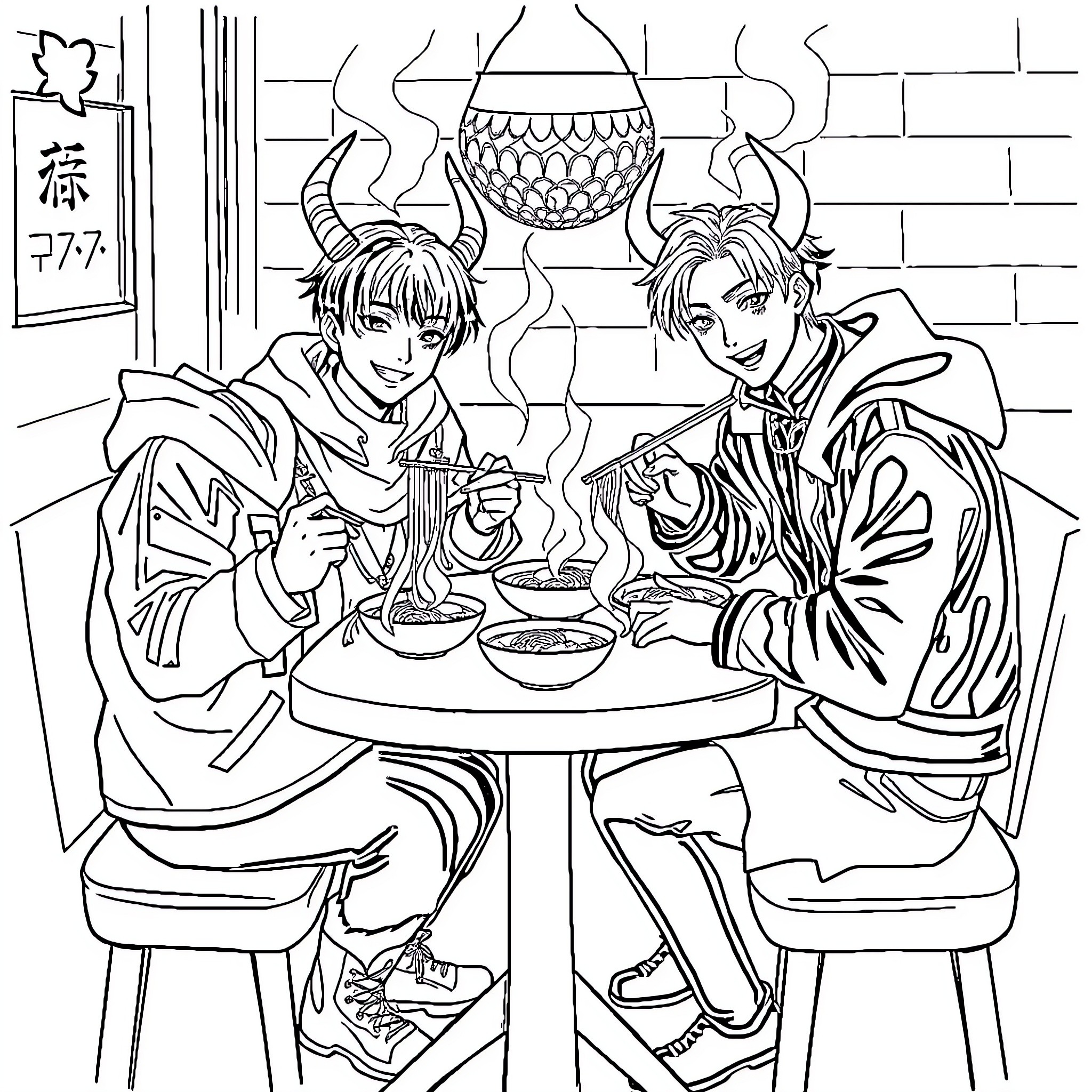 Demon Hunters Sharing a Meal in a Cozy Setting Coloring Page (free black-and-white line drawing printable PDF for all, from beginners to advanced learners, including children, teens, adults, and seniors)