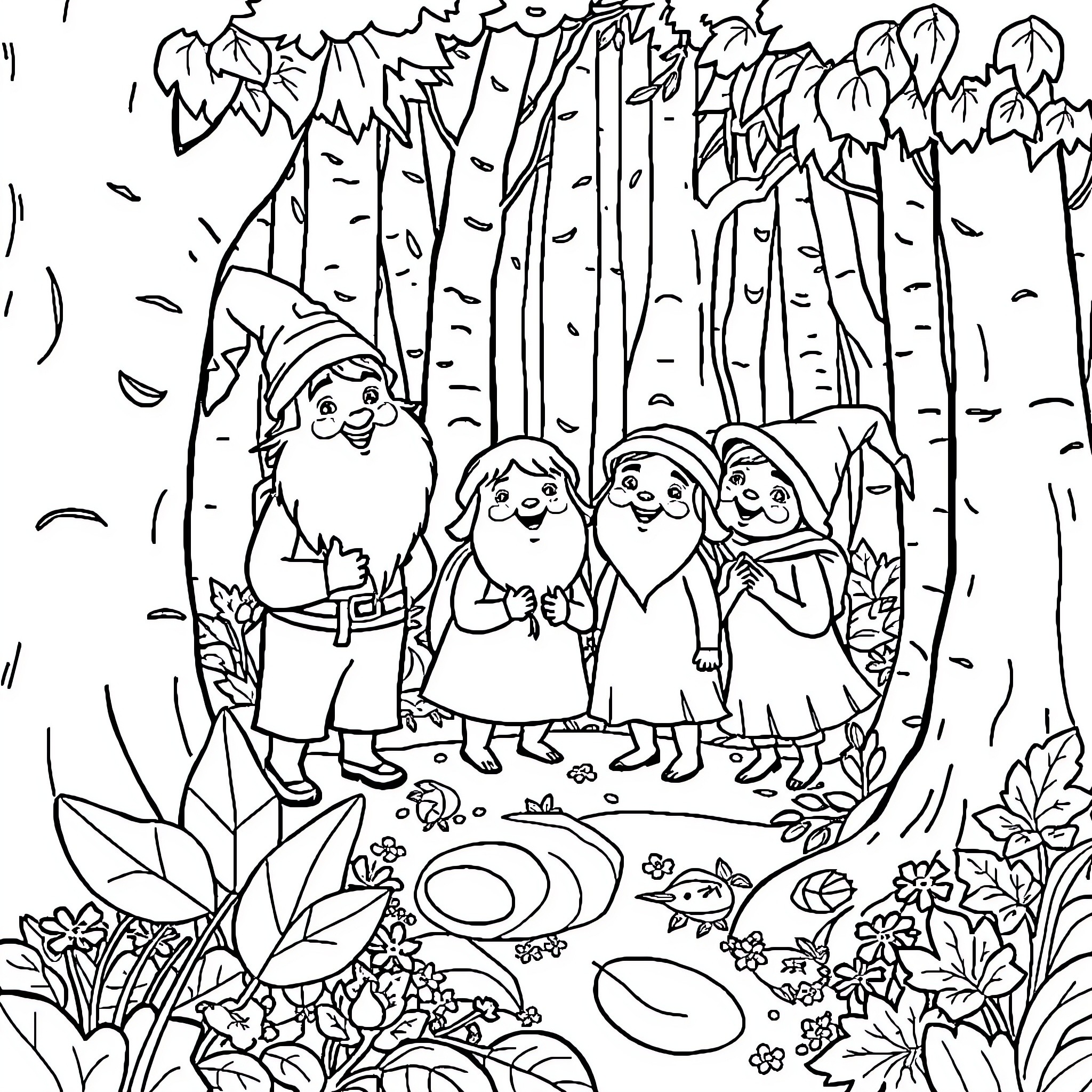 Seven Dwarfs exploring the magical forest Coloring Page (free black-and-white line drawing printable PDF for all, from beginners to advanced learners, including children, teens, adults, and seniors)