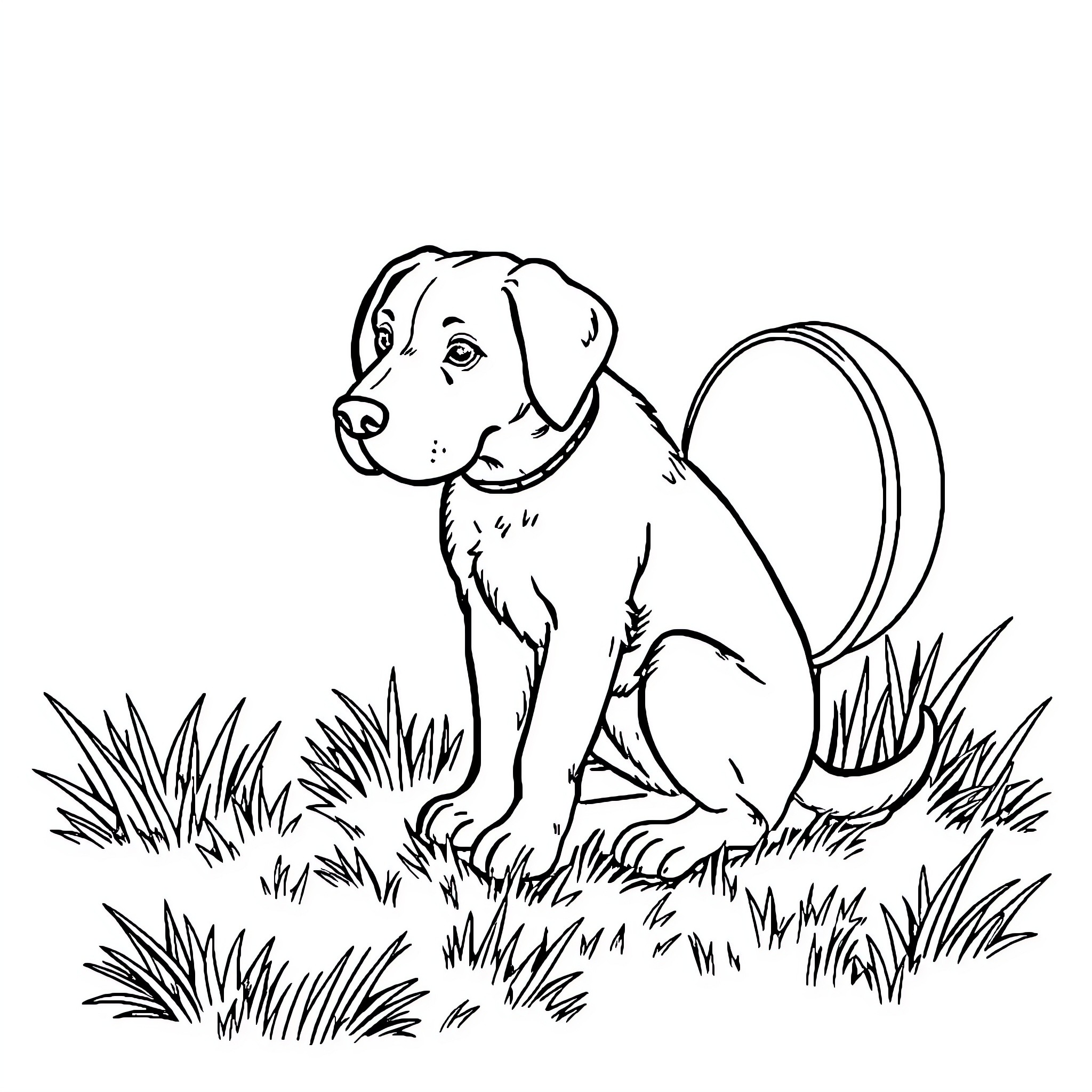 Dog sitting in the grass Coloring Page (free black-and-white line drawing printable PDF for all, from beginners to advanced learners, including children, teens, adults, and seniors)