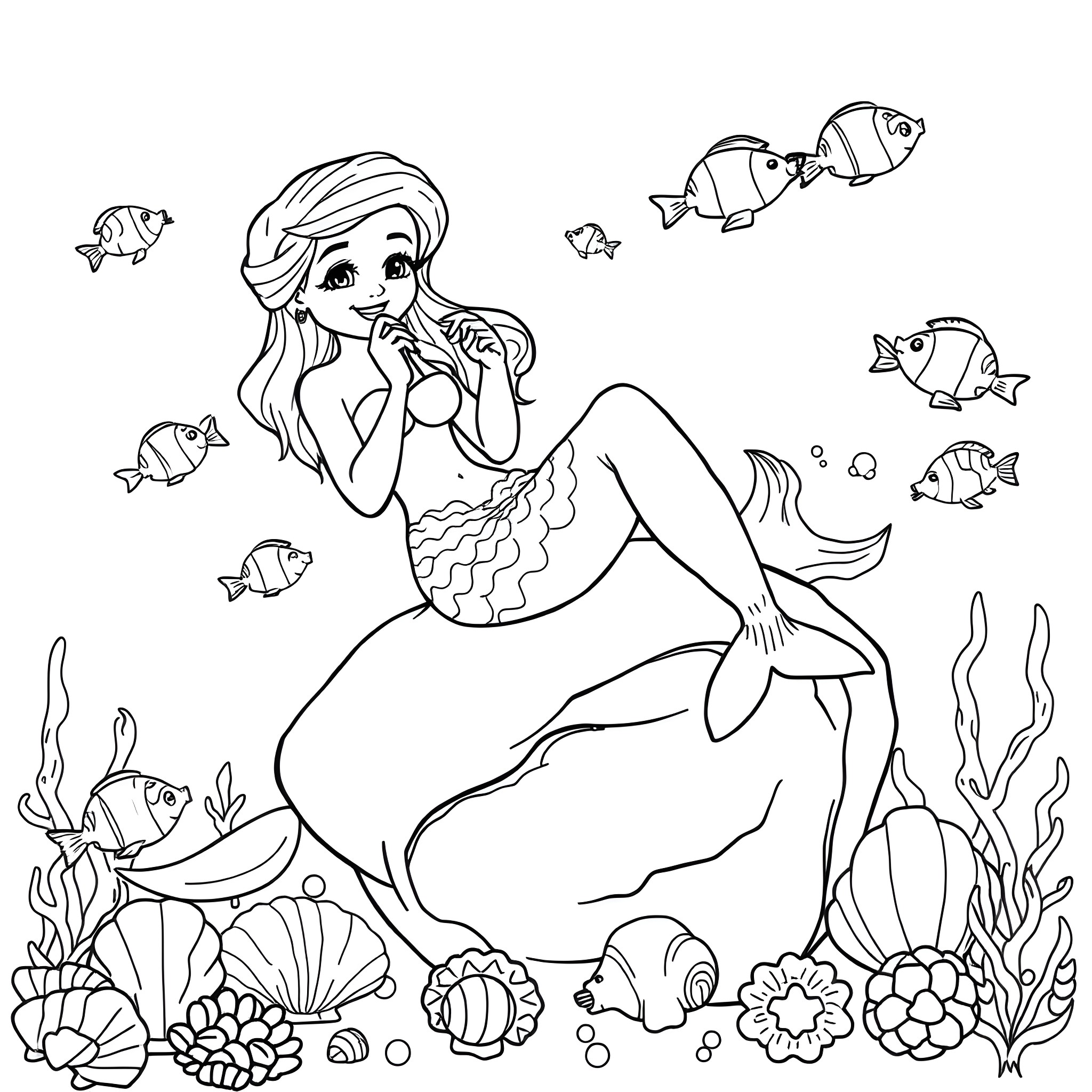Mermaid exploring the underwater world with marine life Coloring Page (free black-and-white line drawing printable PDF for all, from beginners to advanced learners, including children, teens, adults, and seniors)