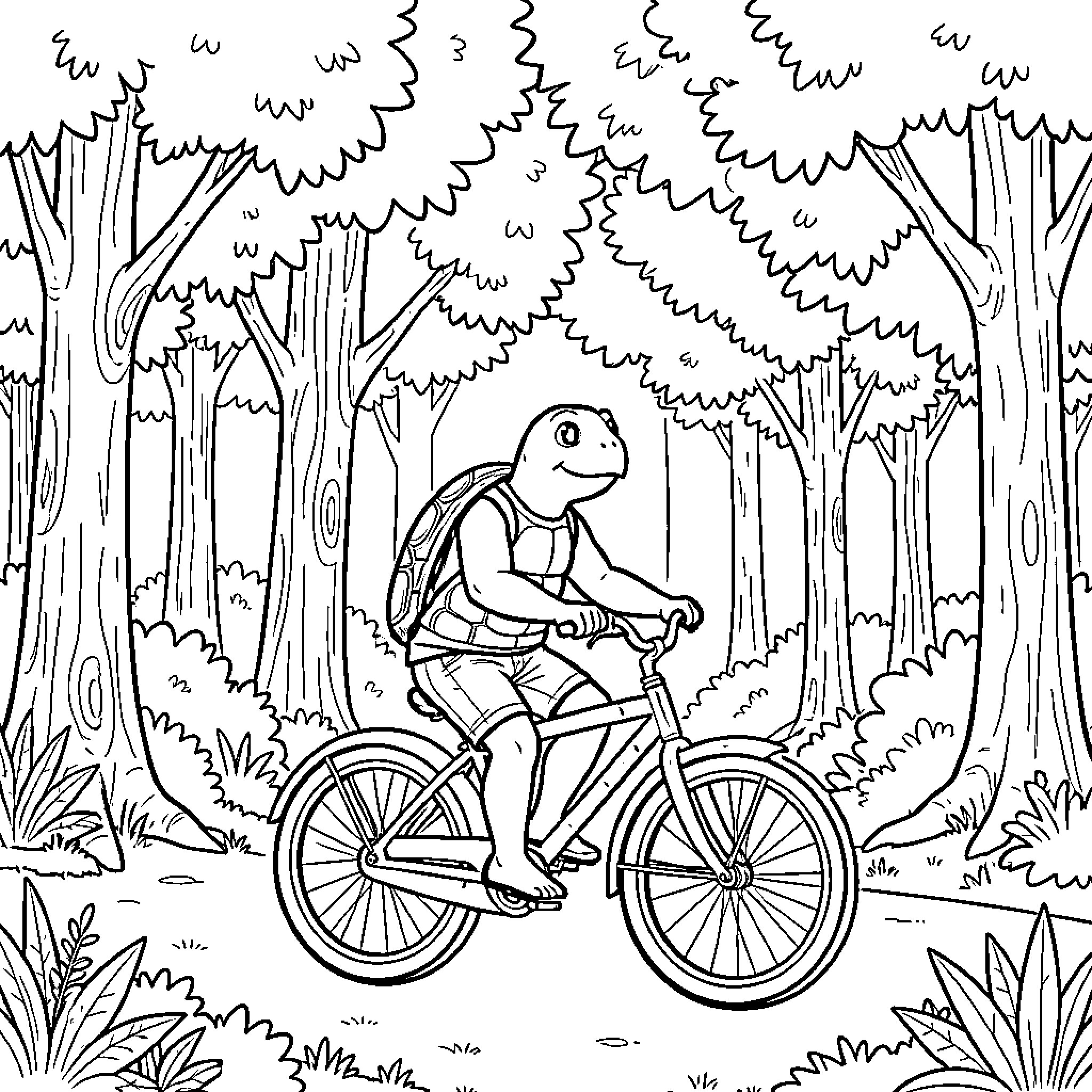 Turtle biking through the forest Coloring Page (free black-and-white line drawing printable PDF for all, from beginners to advanced learners, including children, teens, adults, and seniors)