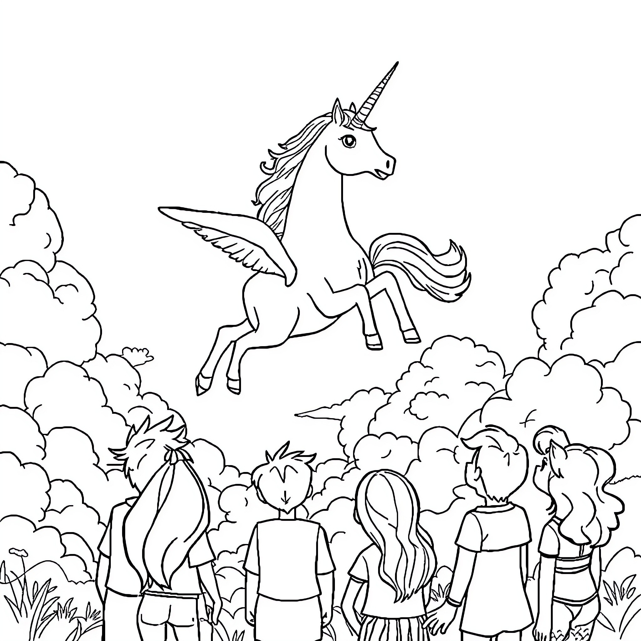 Unicorn soaring above awed observers in enchanted meadow Coloring Page (free black-and-white line drawing printable PDF for all, from beginners to advanced learners, including children, teens, adults, and seniors)