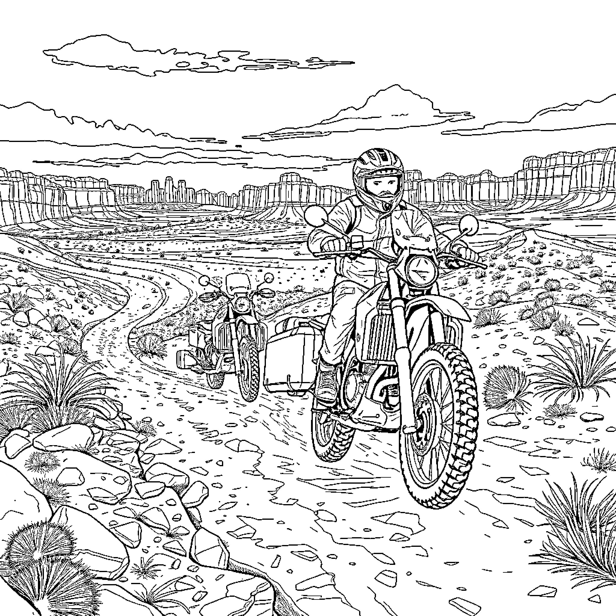 Motorcycle riding through rugged desert landscape Coloring Page (free black-and-white line drawing printable PDF for all, from beginners to advanced learners, including children, teens, adults, and seniors)