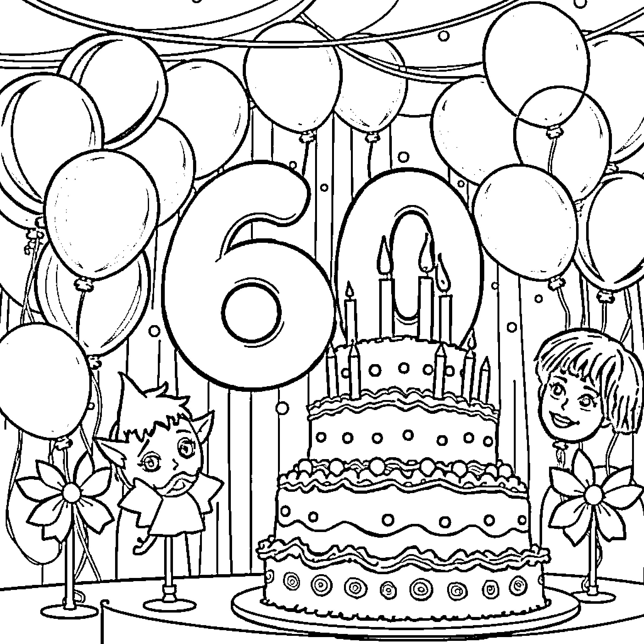 Birthday Celebration with Cake and Balloons Coloring Page (free black-and-white line drawing printable PDF for all, from beginners to advanced learners, including children, teens, adults, and seniors)