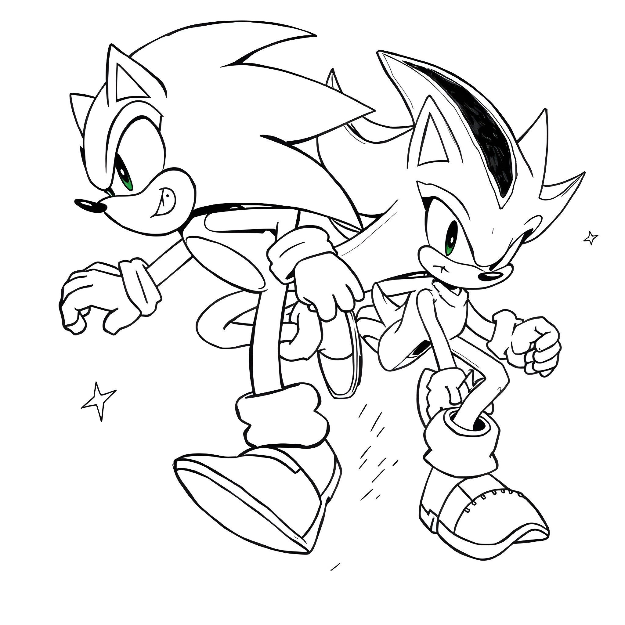 Sonic and Companion in Dynamic Poses Coloring Page (free black-and-white line drawing printable PDF for all, from beginners to advanced learners, including children, teens, adults, and seniors)