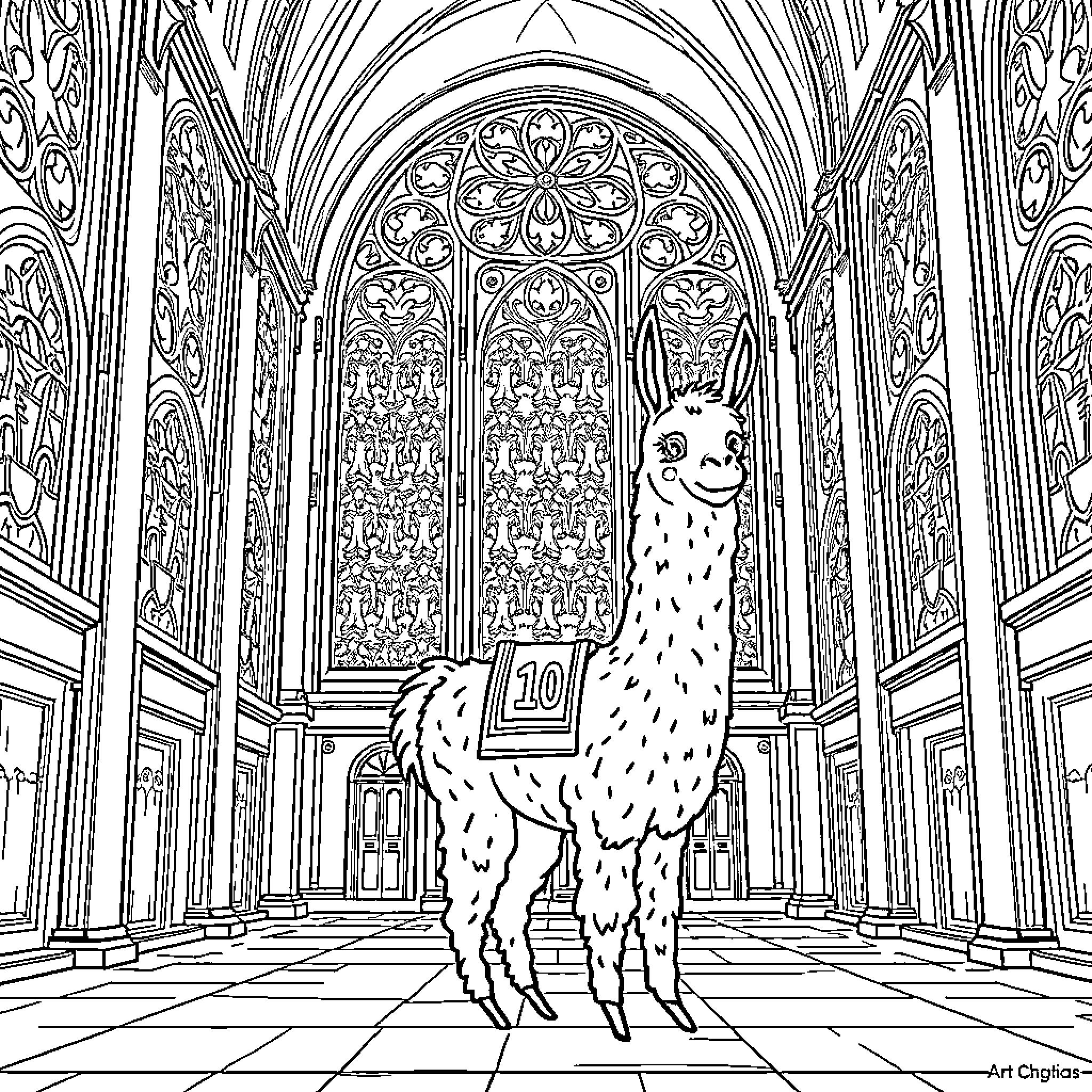 Llama in a magnificent cathedral Coloring Page (free black-and-white line drawing printable PDF for all, from beginners to advanced learners, including children, teens, adults, and seniors)