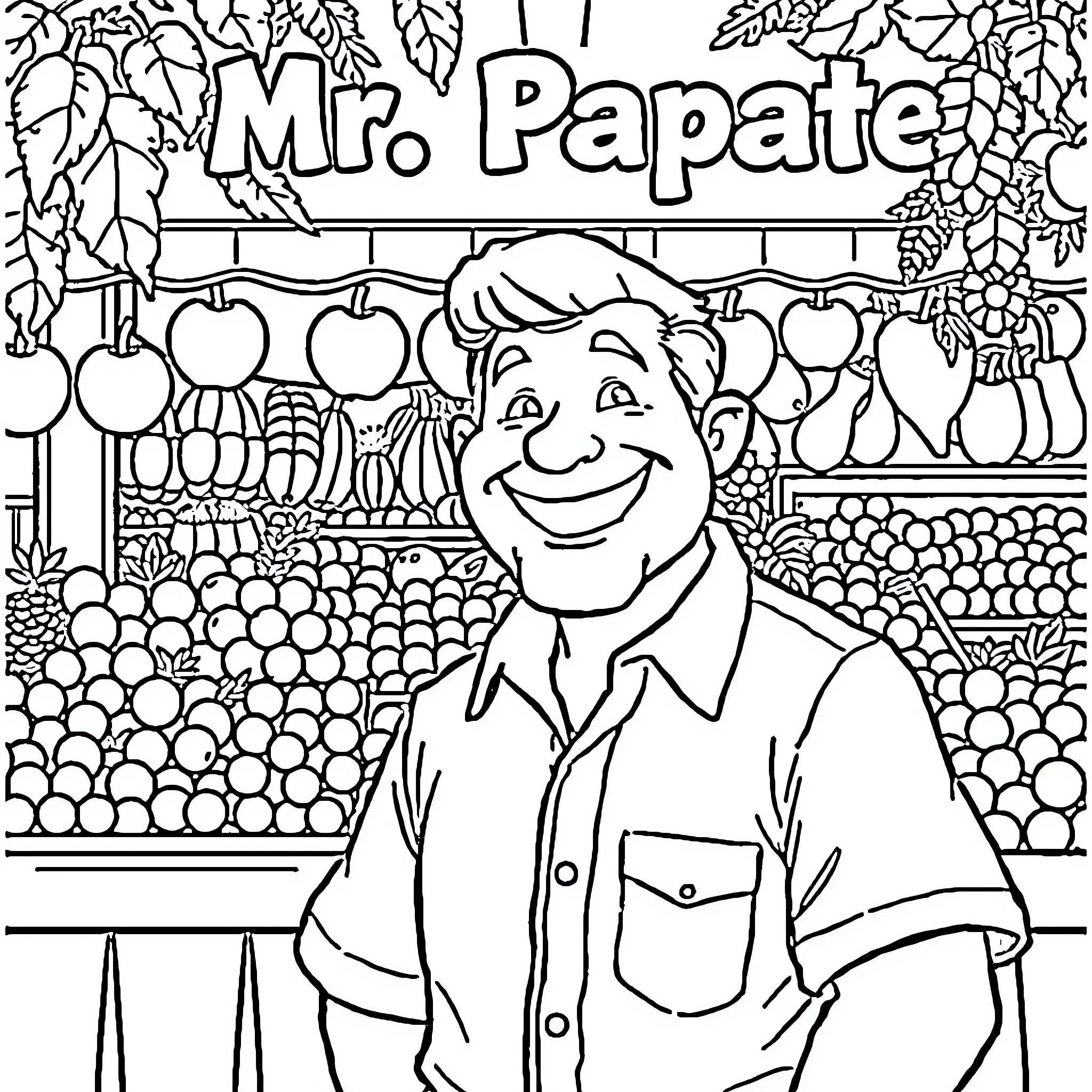 Mr. Papate's Friendly Produce Market Coloring Page (free black-and-white line drawing printable PDF for all, from beginners to advanced learners, including children, teens, adults, and seniors)