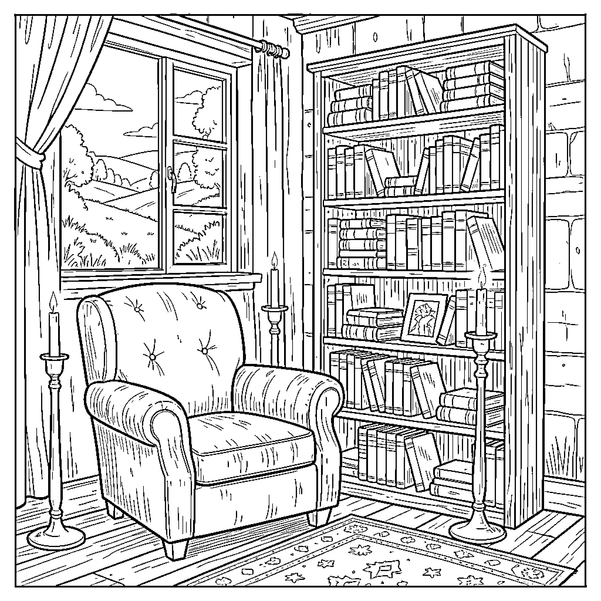 Reading Nook with cozy armchair and tall bookshelf Coloring Page (free black-and-white line drawing printable PDF for all, from beginners to advanced learners, including children, teens, adults, and seniors)