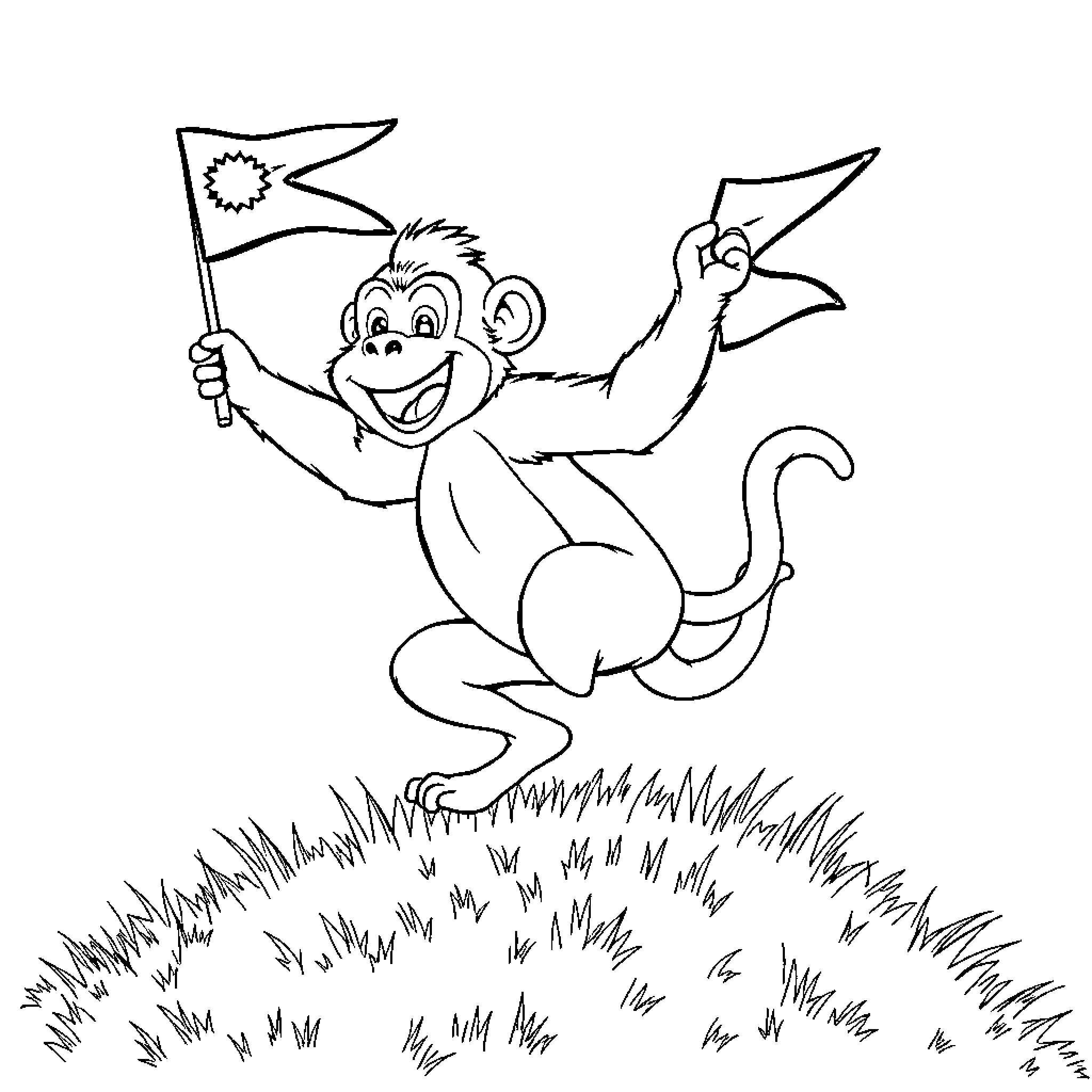 Monkey waving flags with excitement in the field Coloring Page (free black-and-white line drawing printable PDF for all, from beginners to advanced learners, including children, teens, adults, and seniors)