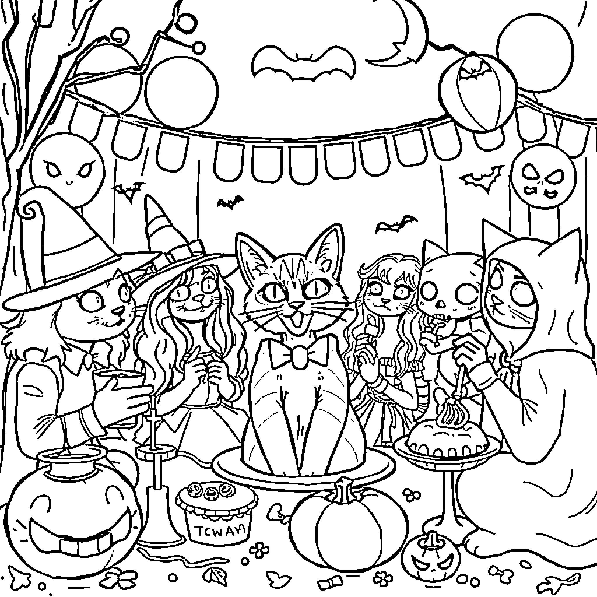 Cat Halloween Party with Spooky Decor Coloring Page (free black-and-white line drawing printable PDF for all, from beginners to advanced learners, including children, teens, adults, and seniors)