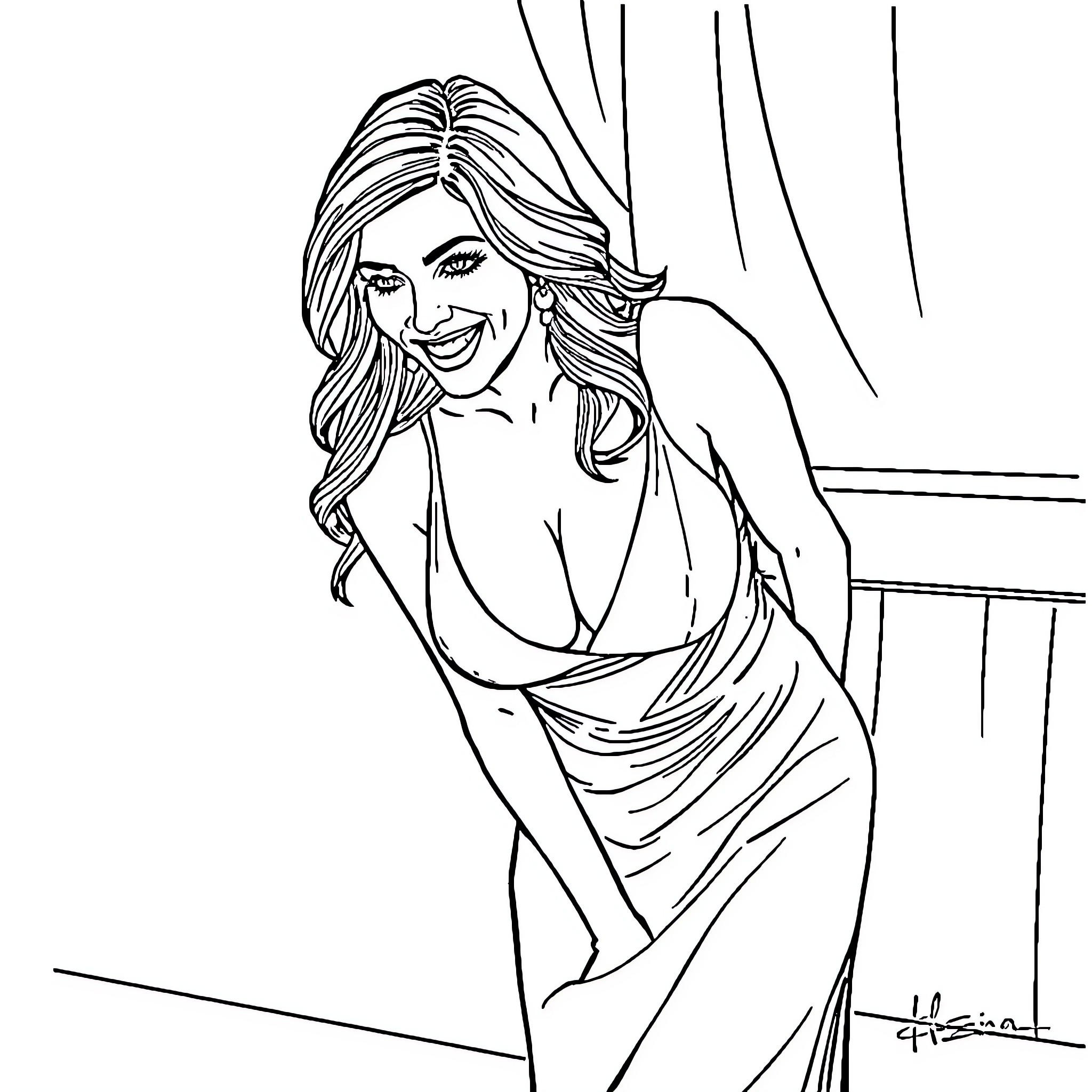 Sofia Vergara's Glamorous Pose Coloring Page (free black-and-white line drawing printable PDF for all, from beginners to advanced learners, including children, teens, adults, and seniors)