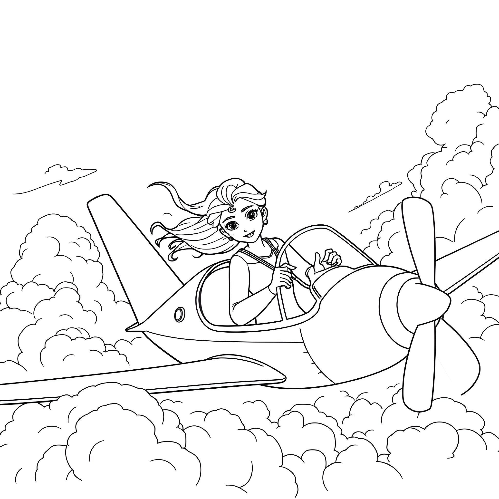 Elsa piloting a jet plane through the clouds Coloring Page (free black-and-white line drawing printable PDF for all, from beginners to advanced learners, including children, teens, adults, and seniors)