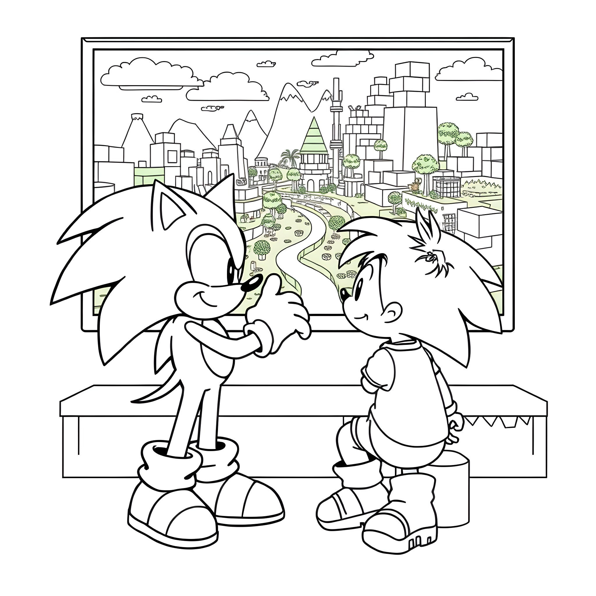 Sonic and Friends Exploring the Vibrant City Landscape Coloring Page (free black-and-white line drawing printable PDF for all, from beginners to advanced learners, including children, teens, adults, and seniors)