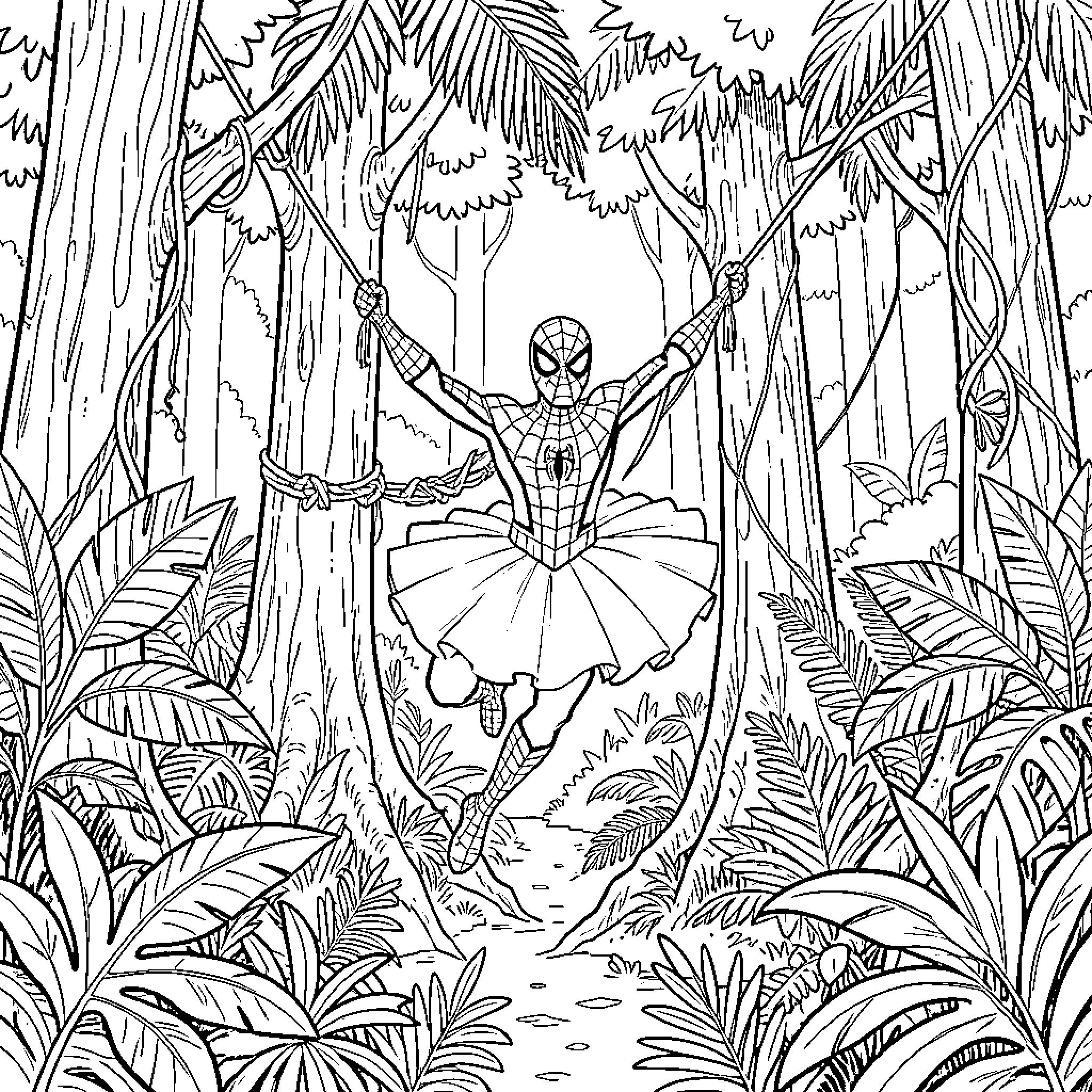 Spiderman swinging through the jungle Coloring Page (free black-and-white line drawing printable PDF for all, from beginners to advanced learners, including children, teens, adults, and seniors)