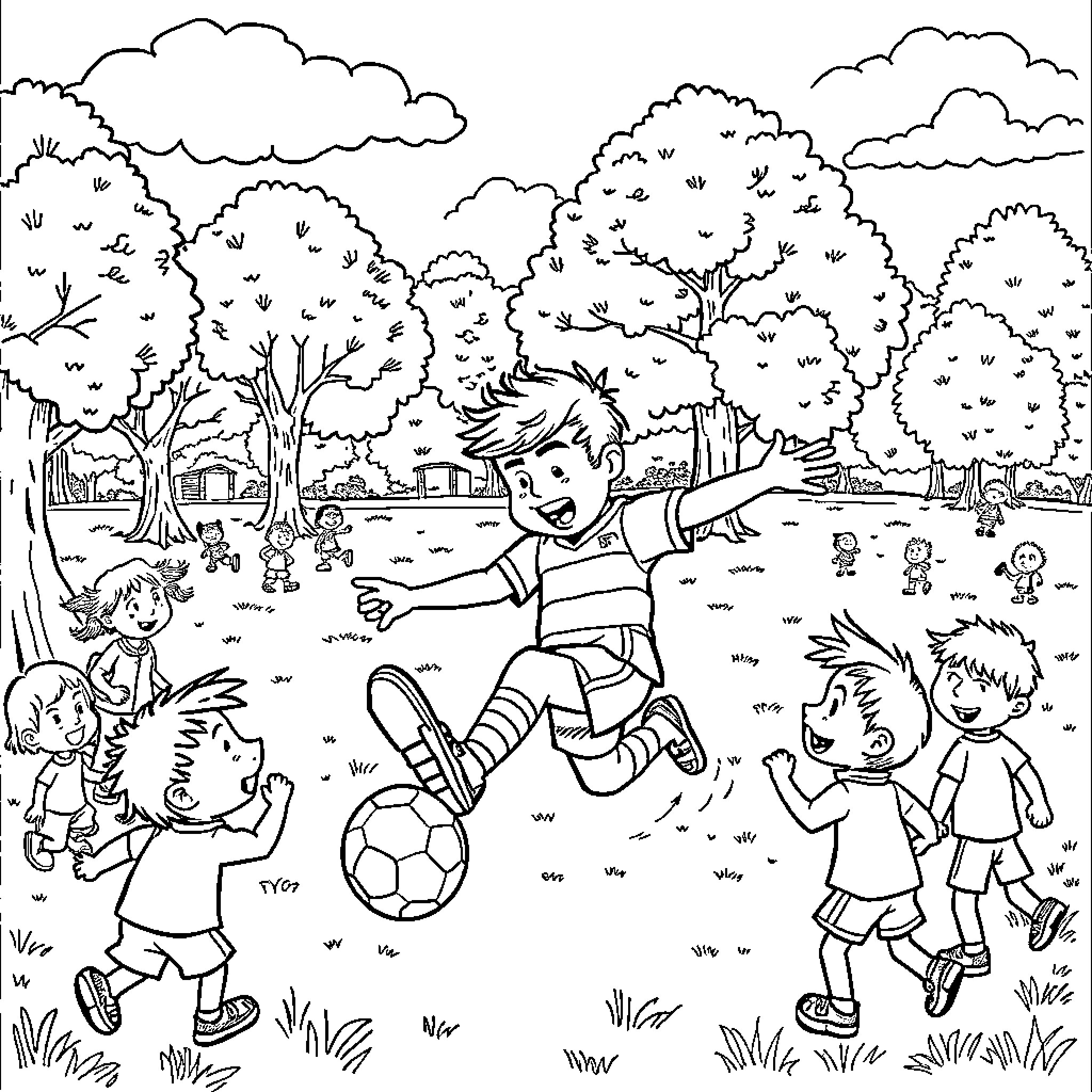 Horrid Henry playing with friends in the park Coloring Page (free black-and-white line drawing printable PDF for all, from beginners to advanced learners, including children, teens, adults, and seniors)