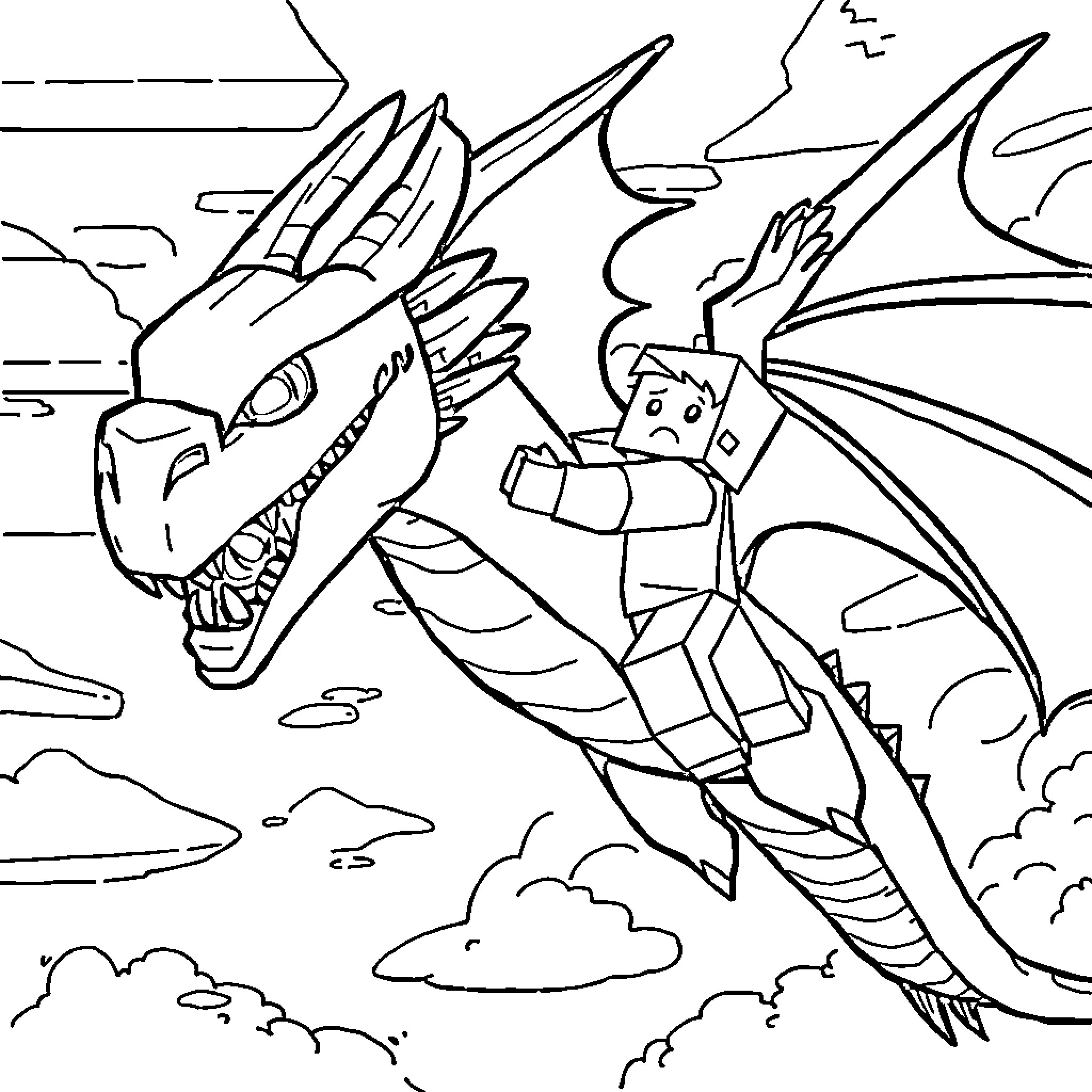 Steve battling a fierce dragon in the sky Coloring Page (free black-and-white line drawing printable PDF for all, from beginners to advanced learners, including children, teens, adults, and seniors)