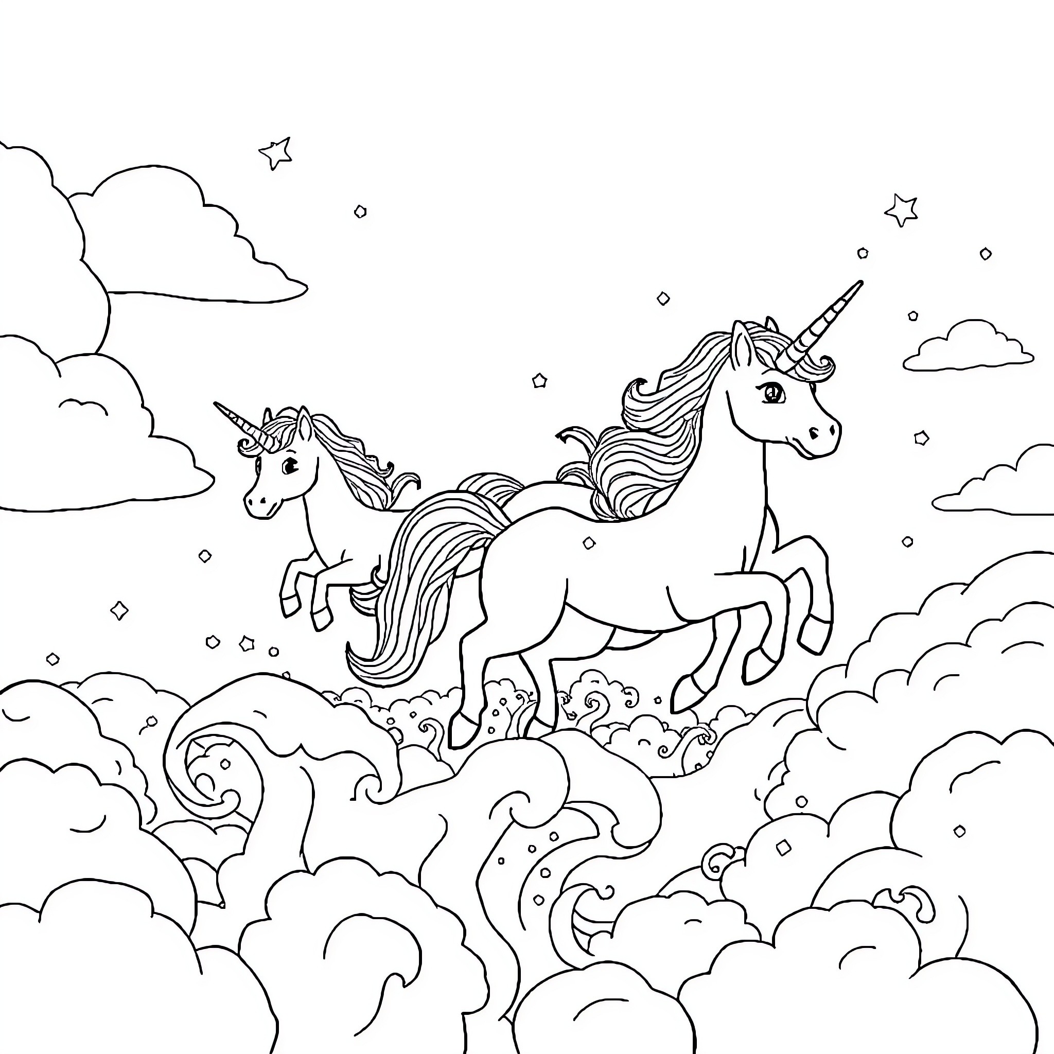 Unicorns prancing among the clouds and stars Coloring Page (free black-and-white line drawing printable PDF for all, from beginners to advanced learners, including children, teens, adults, and seniors)