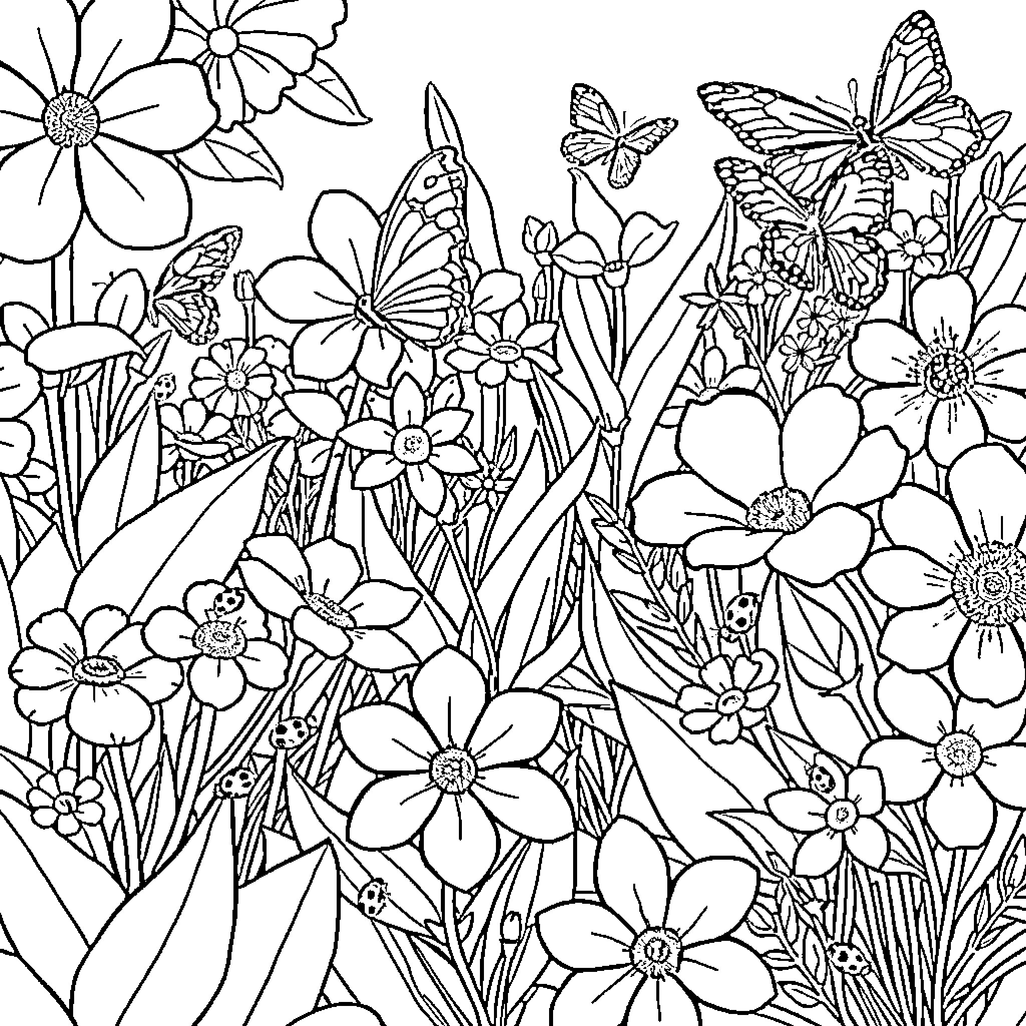 Flower Garden with Butterflies Coloring Page (free black-and-white line drawing printable PDF for all, from beginners to advanced learners, including children, teens, adults, and seniors)