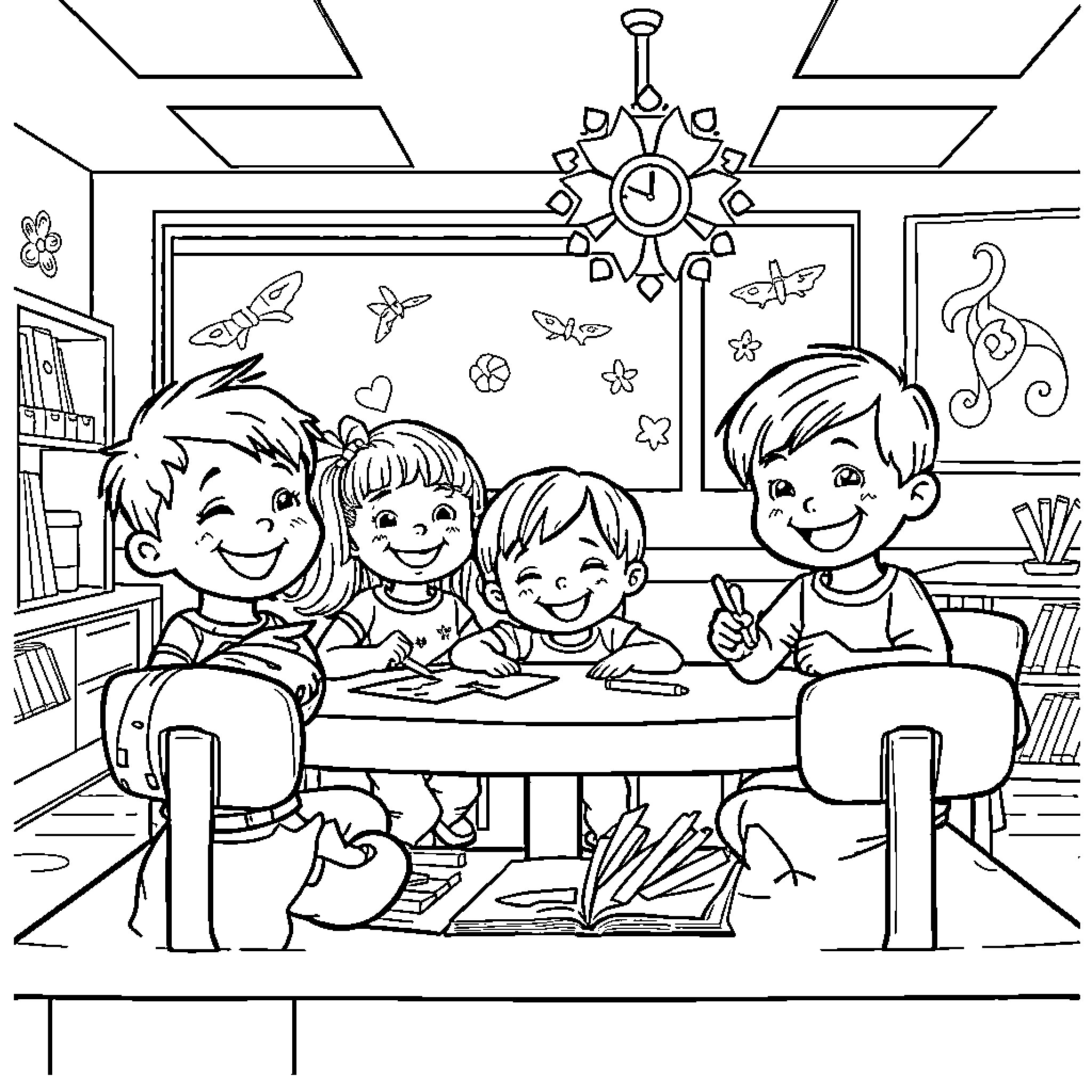 Kids Studying and Drawing Together in Classroom Coloring Page (free black-and-white line drawing printable PDF for all, from beginners to advanced learners, including children, teens, adults, and seniors)