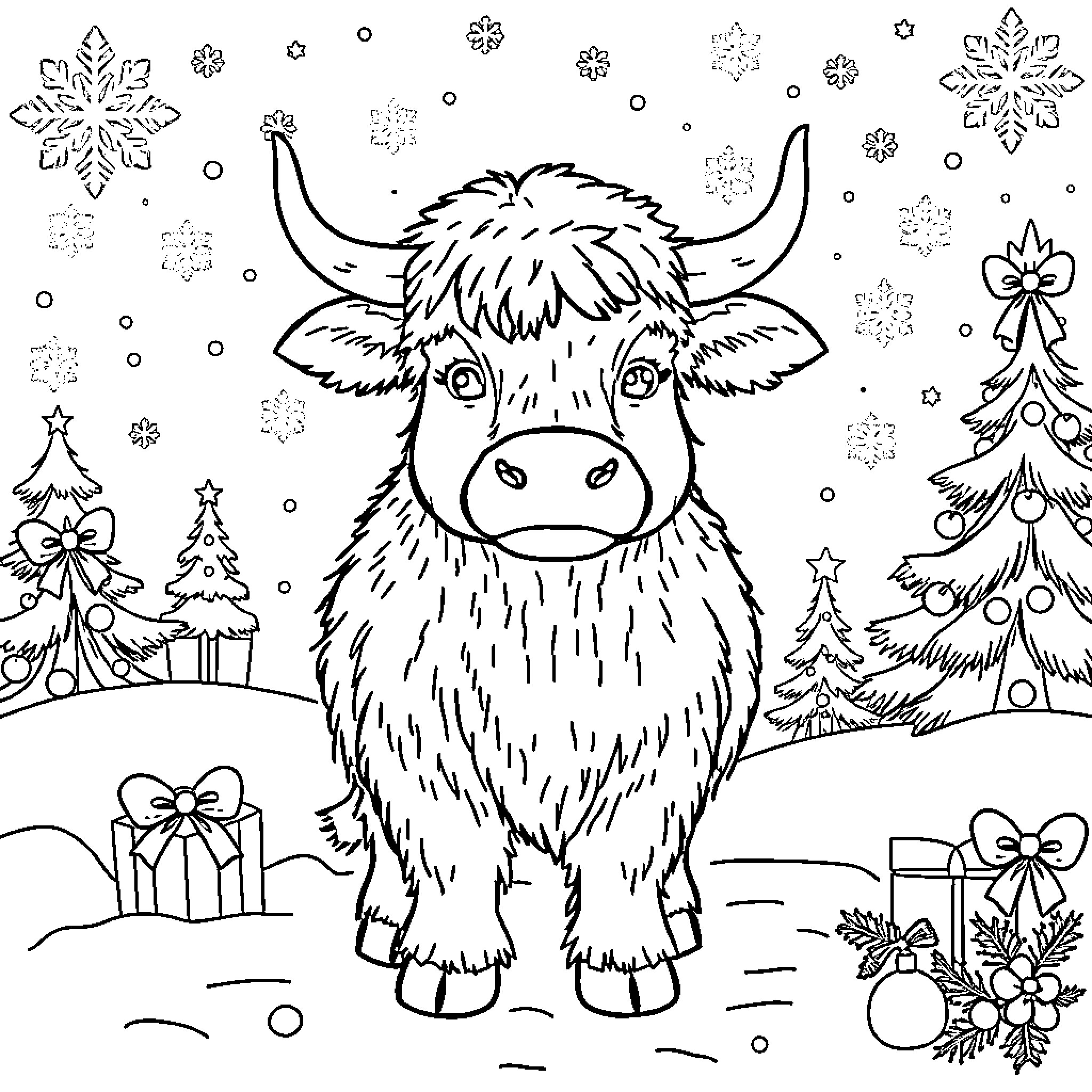 Highland Cow playing in the winter wonderland Coloring Page (free black-and-white line drawing printable PDF for all, from beginners to advanced learners, including children, teens, adults, and seniors)