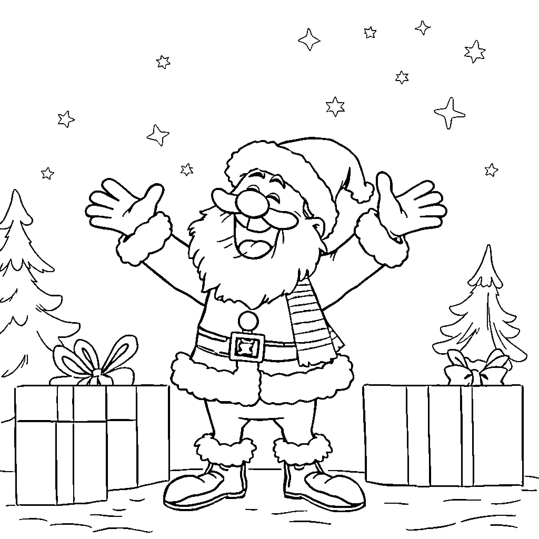 Badman Santa Claus joyfully celebrates Christmas Coloring Page (free black-and-white line drawing printable PDF for all, from beginners to advanced learners, including children, teens, adults, and seniors)