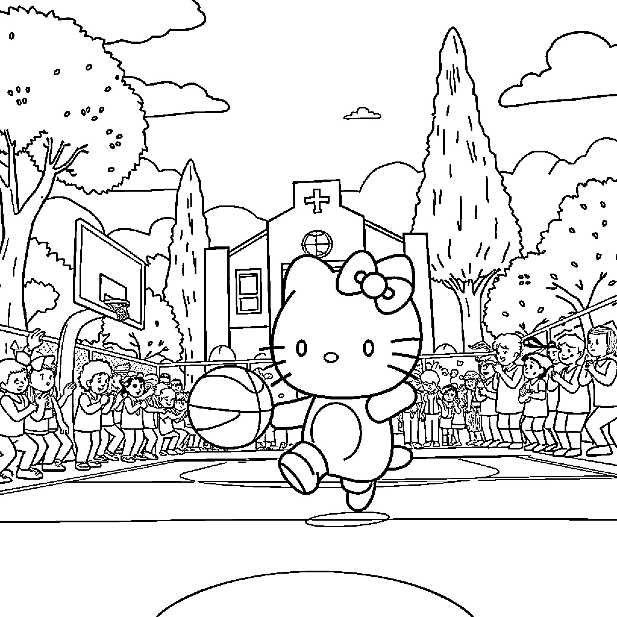 Cinnamoroll playing basketball with crowd in town Coloring Page (free black-and-white line drawing printable PDF for all, from beginners to advanced learners, including children, teens, adults, and seniors)
