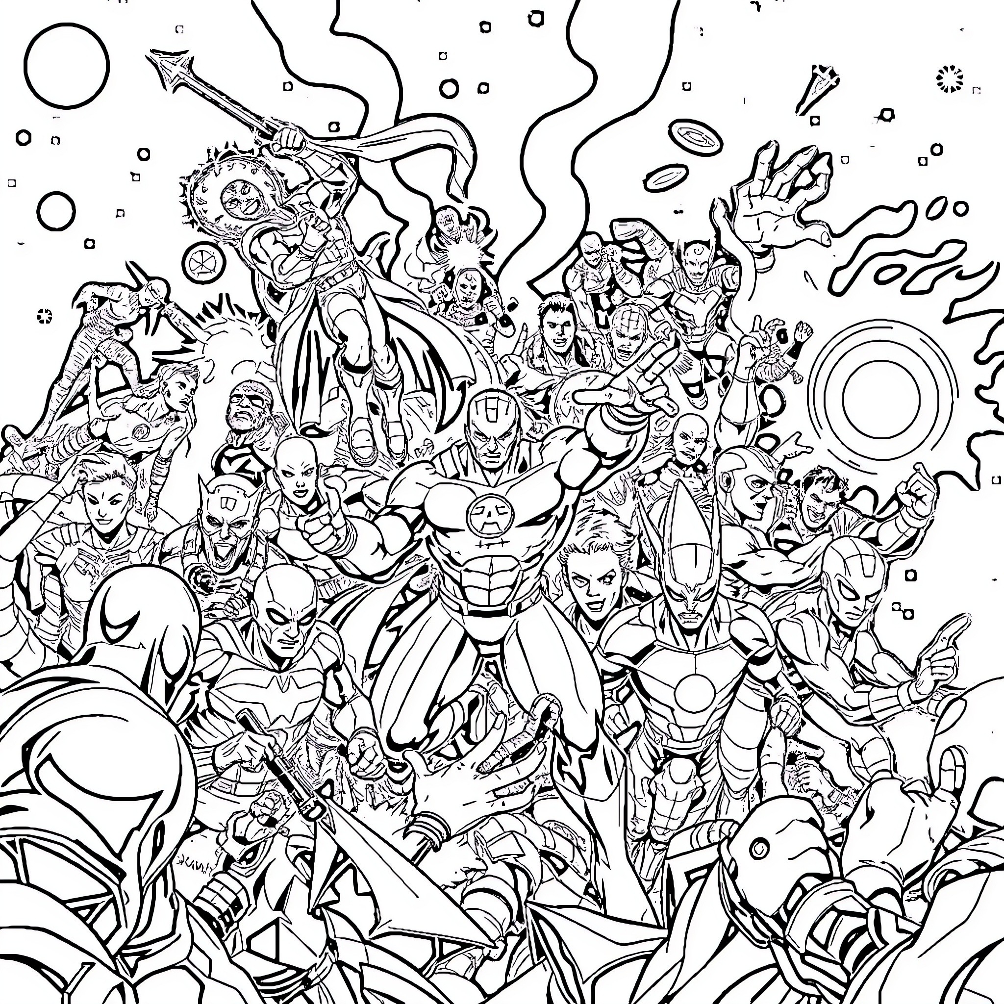 Marvel Characters in Dynamic Action and Poses Coloring Page (free black-and-white line drawing printable PDF for all, from beginners to advanced learners, including children, teens, adults, and seniors)