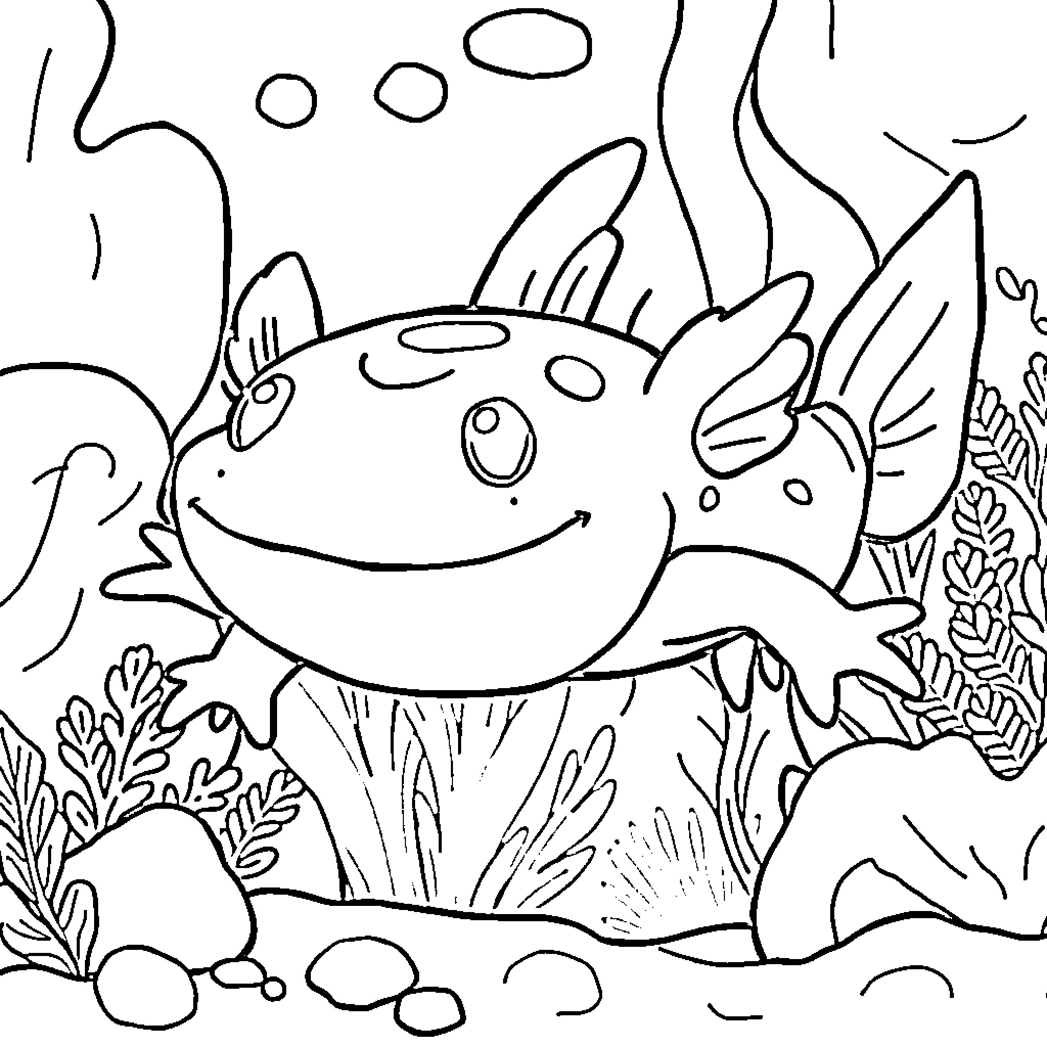 Axolotl exploring underwater scenery Coloring Page (free black-and-white line drawing printable PDF for all, from beginners to advanced learners, including children, teens, adults, and seniors)