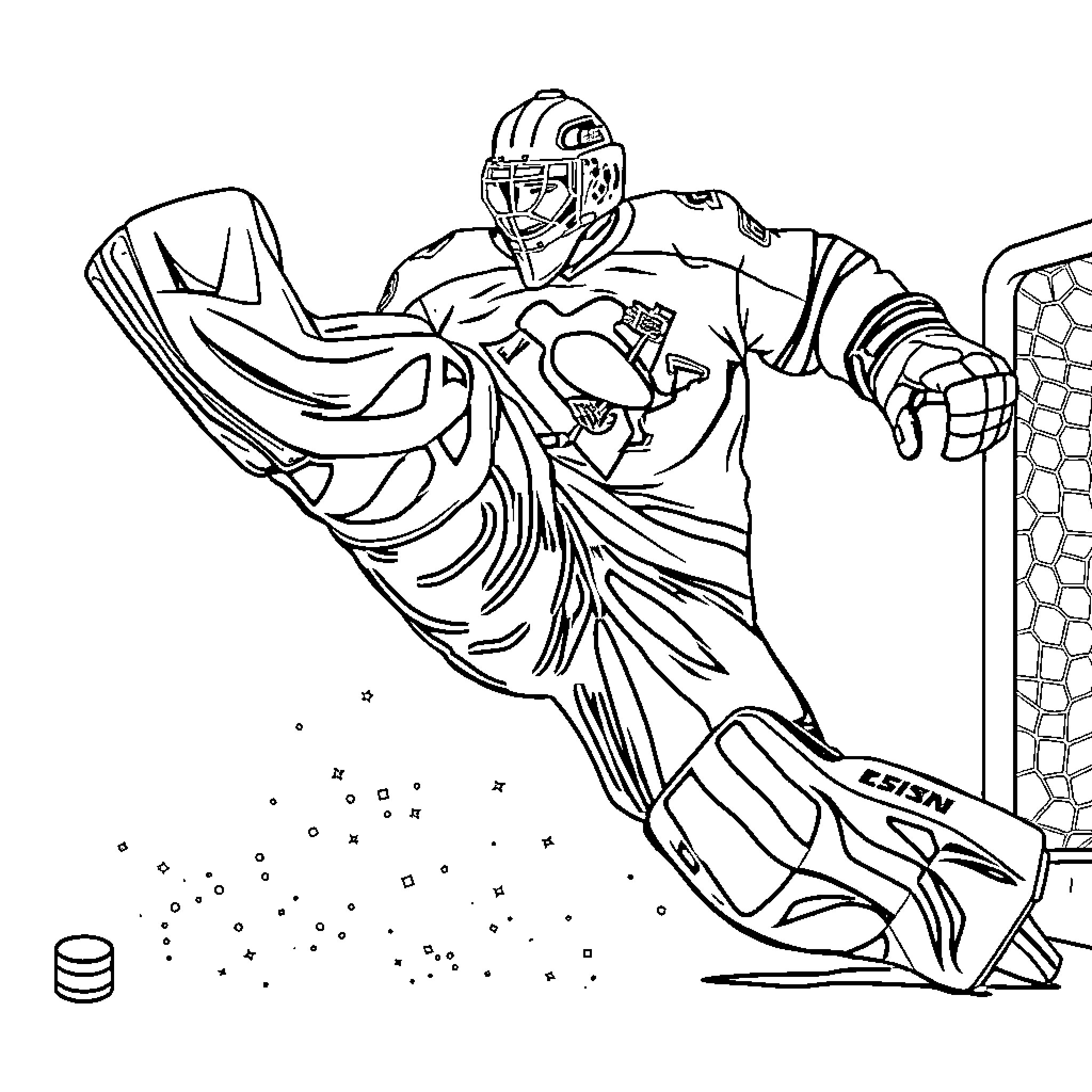 Marc Andre Fleury making a save in hockey gear Coloring Page (free black-and-white line drawing printable PDF for all, from beginners to advanced learners, including children, teens, adults, and seniors)