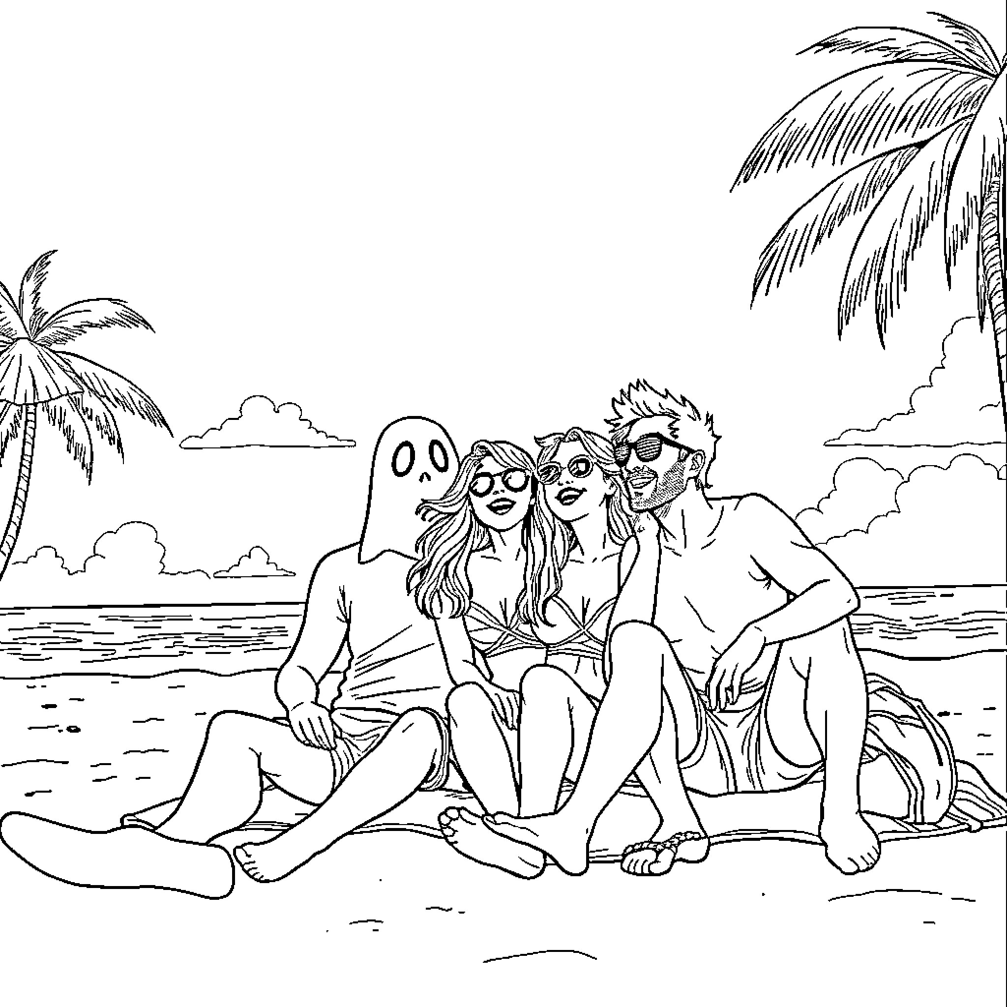 Ghost friends enjoying a day at the beach Coloring Page (free black-and-white line drawing printable PDF for all, from beginners to advanced learners, including children, teens, adults, and seniors)