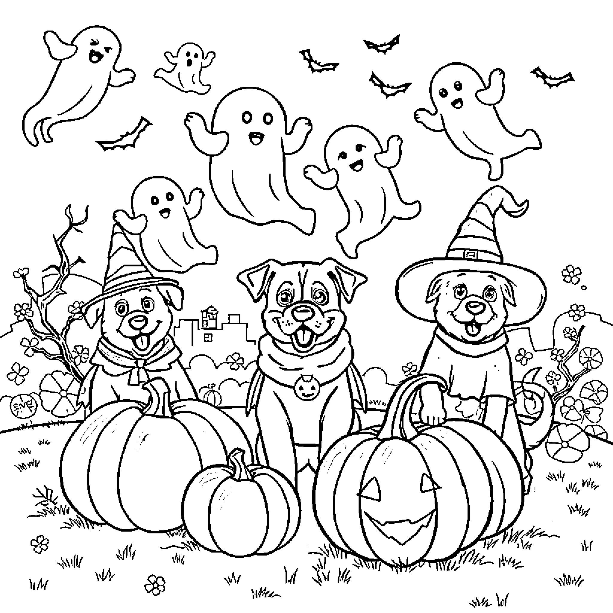 Ghost puppies playing in a Halloween scene Coloring Page (free black-and-white line drawing printable PDF for all, from beginners to advanced learners, including children, teens, adults, and seniors)