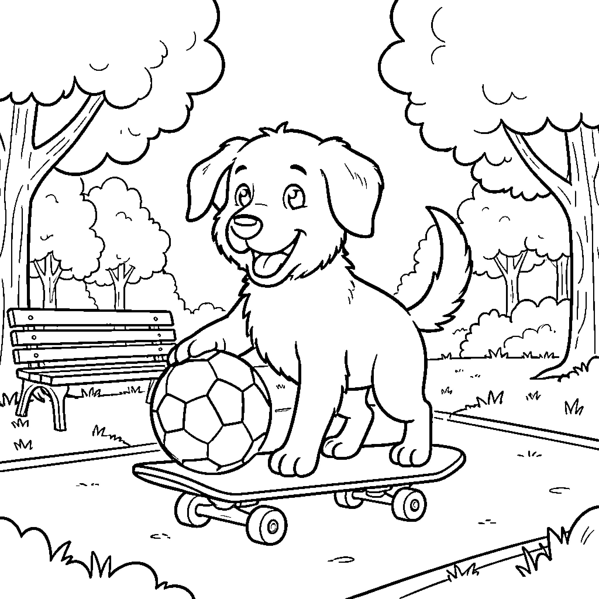 Perro jugando alegremente con una pelota en el parque Coloring Page (free black-and-white line drawing printable PDF for all, from beginners to advanced learners, including children, teens, adults, and seniors)