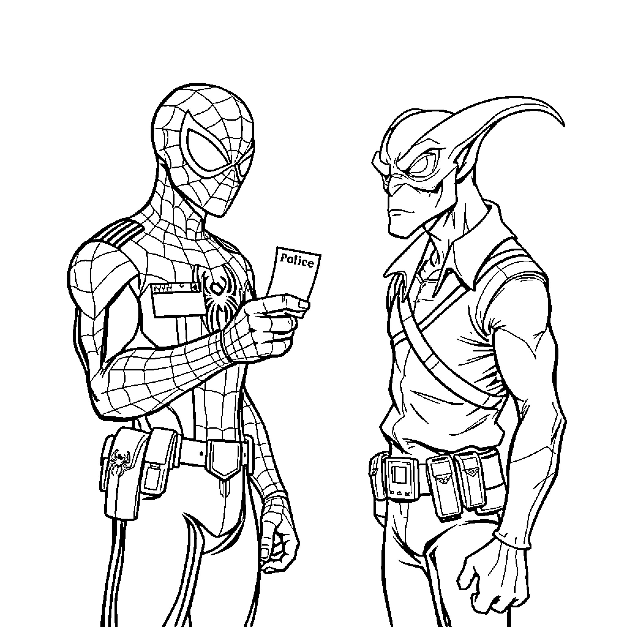 Spiderman and Goblin in confrontation Coloring Page (free black-and-white line drawing printable PDF for all, from beginners to advanced learners, including children, teens, adults, and seniors)