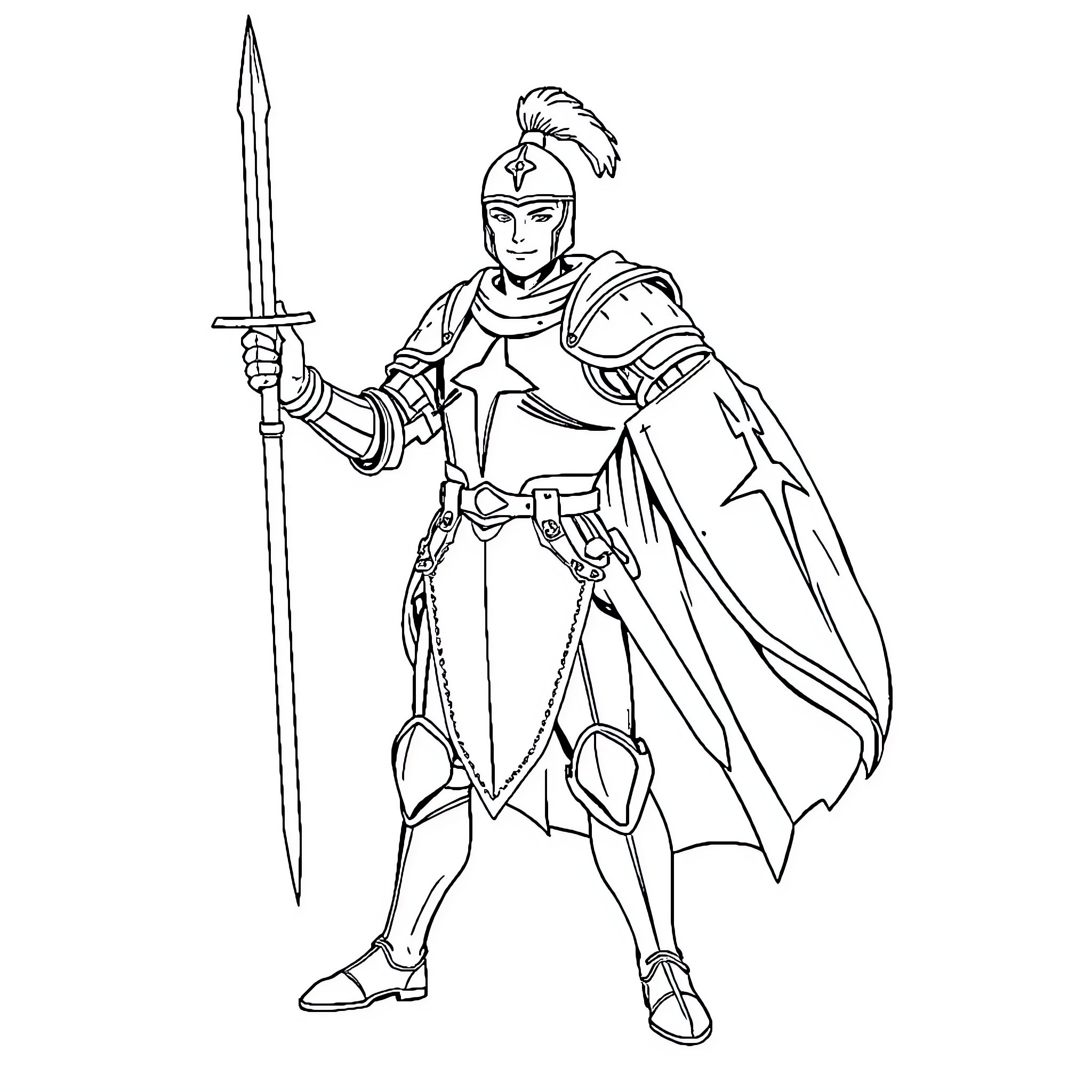 Knight in Shining Armor with Sword and Shield Coloring Page (free black-and-white line drawing printable PDF for all, from beginners to advanced learners, including children, teens, adults, and seniors)