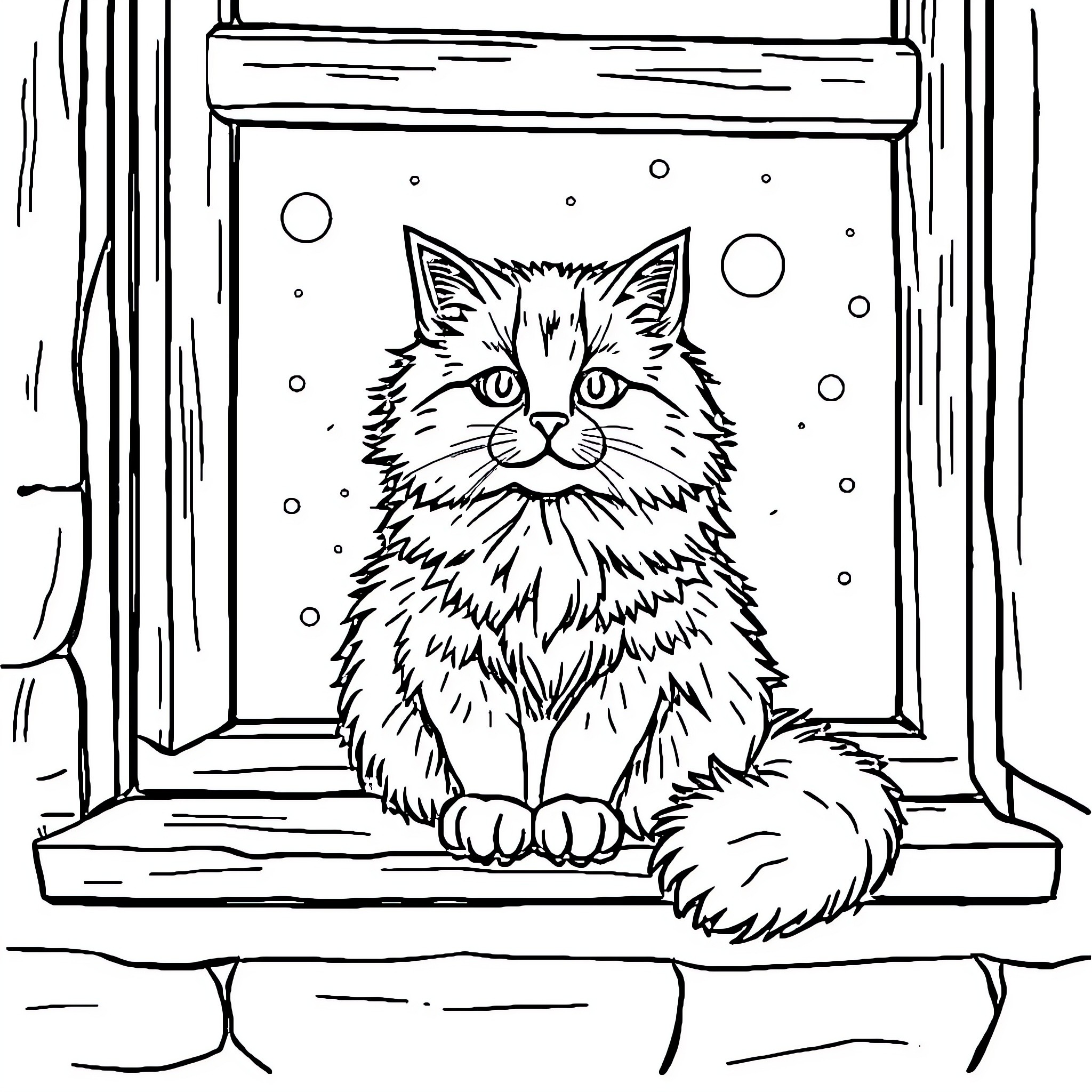 Cat sitting at window in snowy scene Coloring Page (free black-and-white line drawing printable PDF for all, from beginners to advanced learners, including children, teens, adults, and seniors)