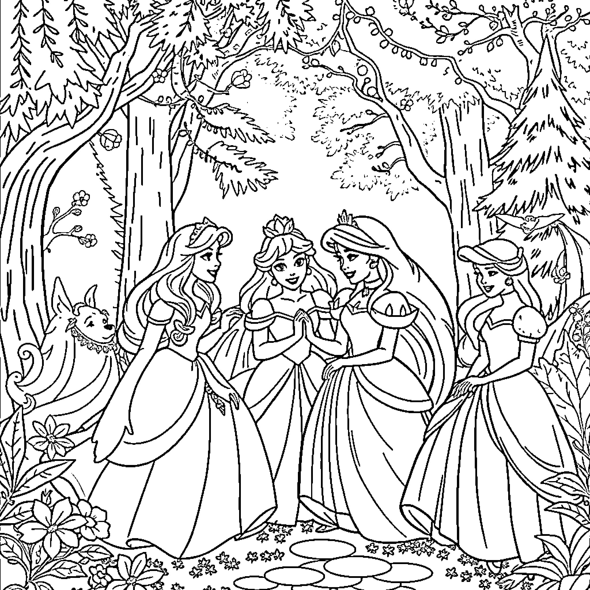 Princess Gathering in the Enchanted Forest Coloring Page (free black-and-white line drawing printable PDF for all, from beginners to advanced learners, including children, teens, adults, and seniors)