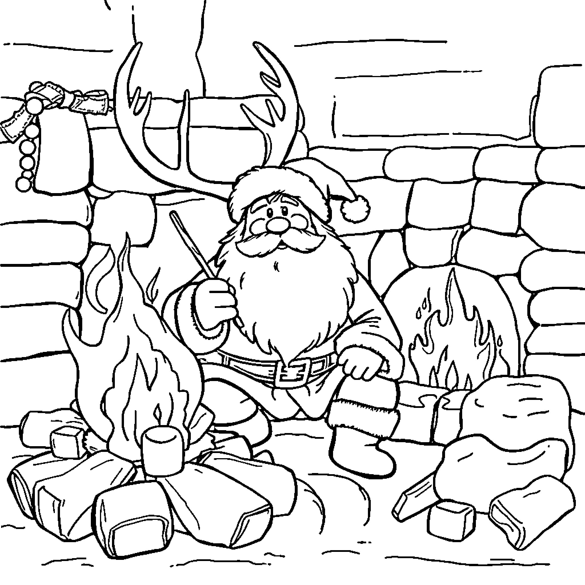 Santa roasting marshmallows by the campfire Coloring Page (free black-and-white line drawing printable PDF for all, from beginners to advanced learners, including children, teens, adults, and seniors)