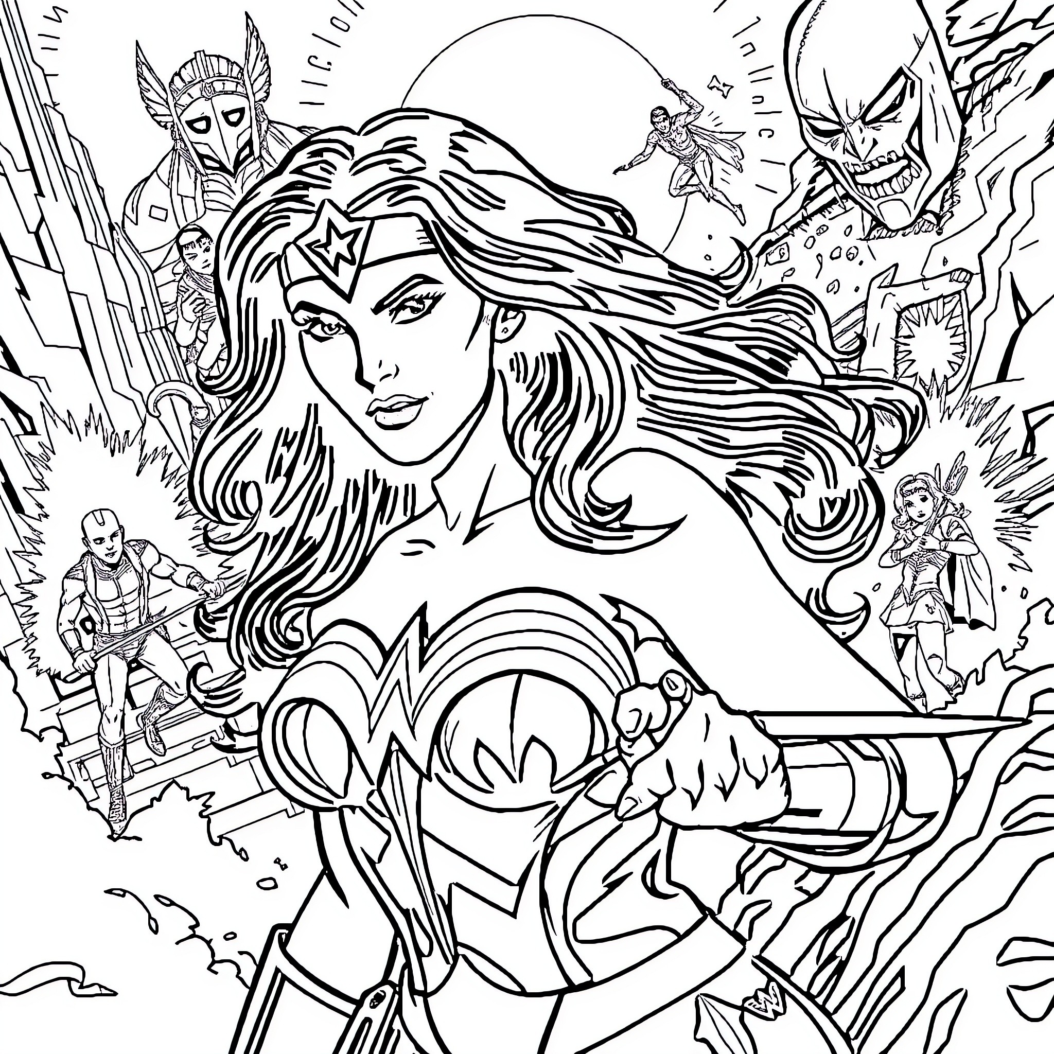 Wonder Woman in Heroic Action and Confrontation Coloring Page (free black-and-white line drawing printable PDF for all, from beginners to advanced learners, including children, teens, adults, and seniors)