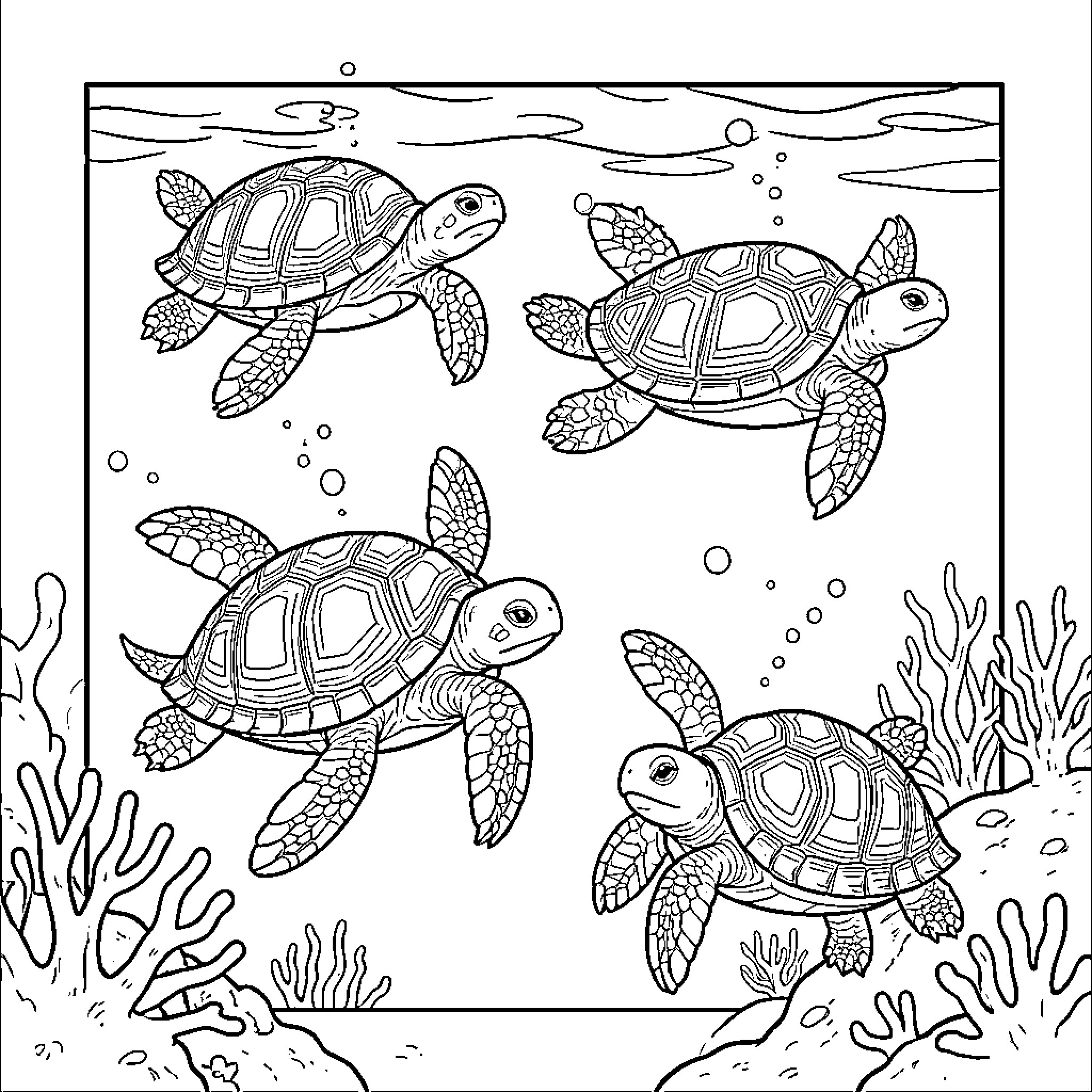 Turtle family swimming in the ocean Coloring Page (free black-and-white line drawing printable PDF for all, from beginners to advanced learners, including children, teens, adults, and seniors)
