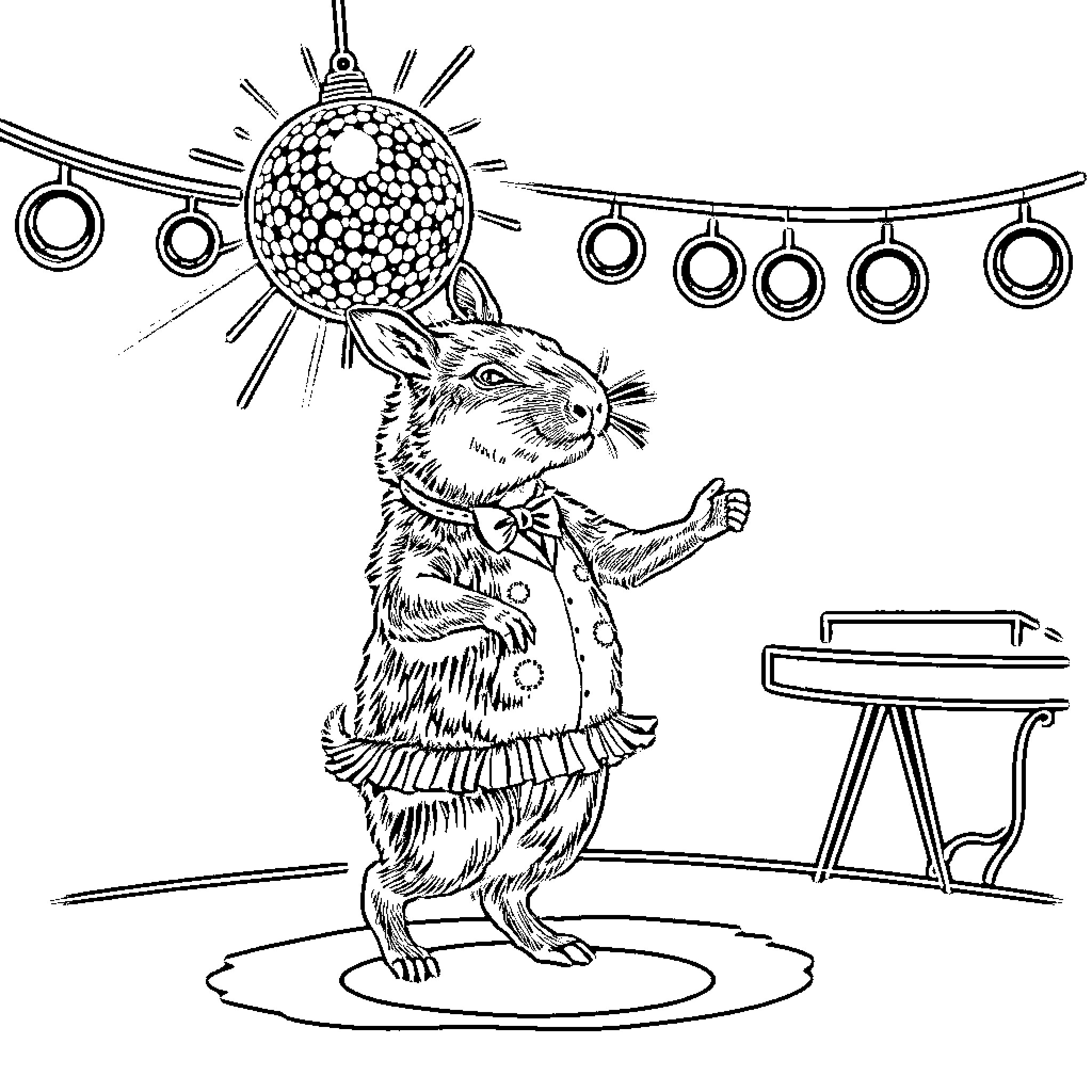 Capybara performing at a festive celebration Coloring Page (free black-and-white line drawing printable PDF for all, from beginners to advanced learners, including children, teens, adults, and seniors)