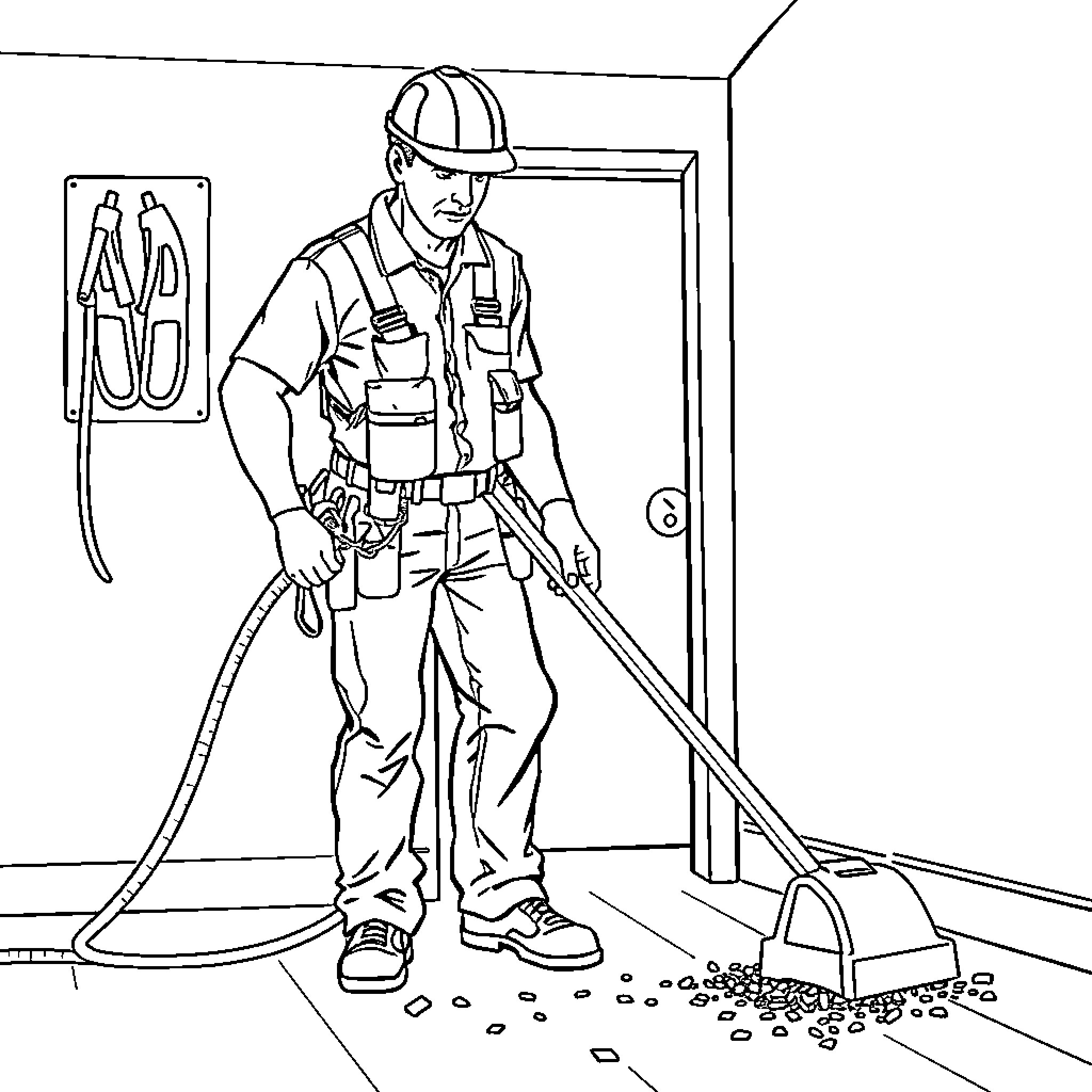 Electrician performing maintenance in a building Coloring Page (free black-and-white line drawing printable PDF for all, from beginners to advanced learners, including children, teens, adults, and seniors)