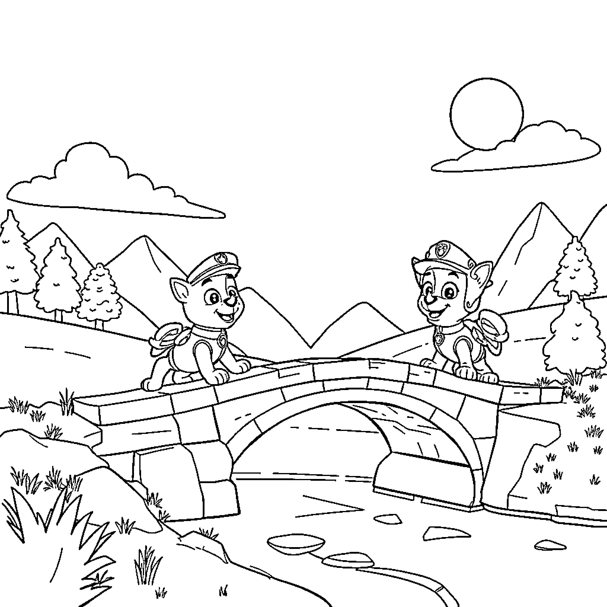 Paw Patrol Pups Explore Mountain Bridge Coloring Page (free black-and-white line drawing printable PDF for all, from beginners to advanced learners, including children, teens, adults, and seniors)