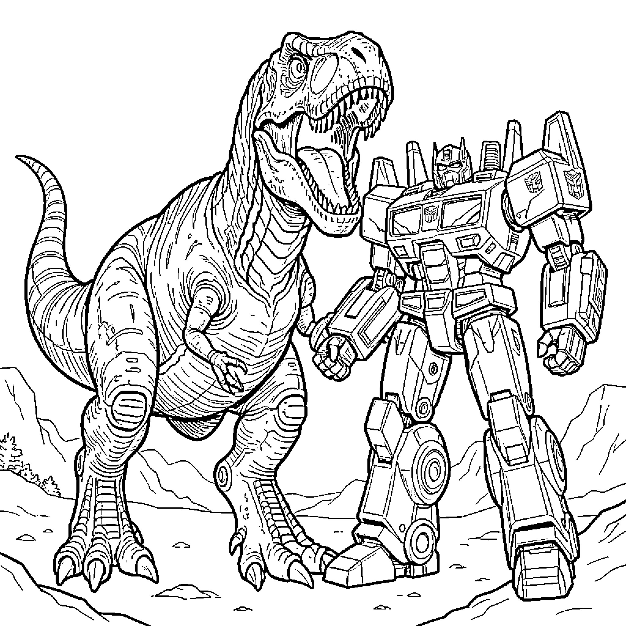 T-Rex Battles Transforming Robot in Desolate Landscape Coloring Page (free black-and-white line drawing printable PDF for all, from beginners to advanced learners, including children, teens, adults, and seniors)